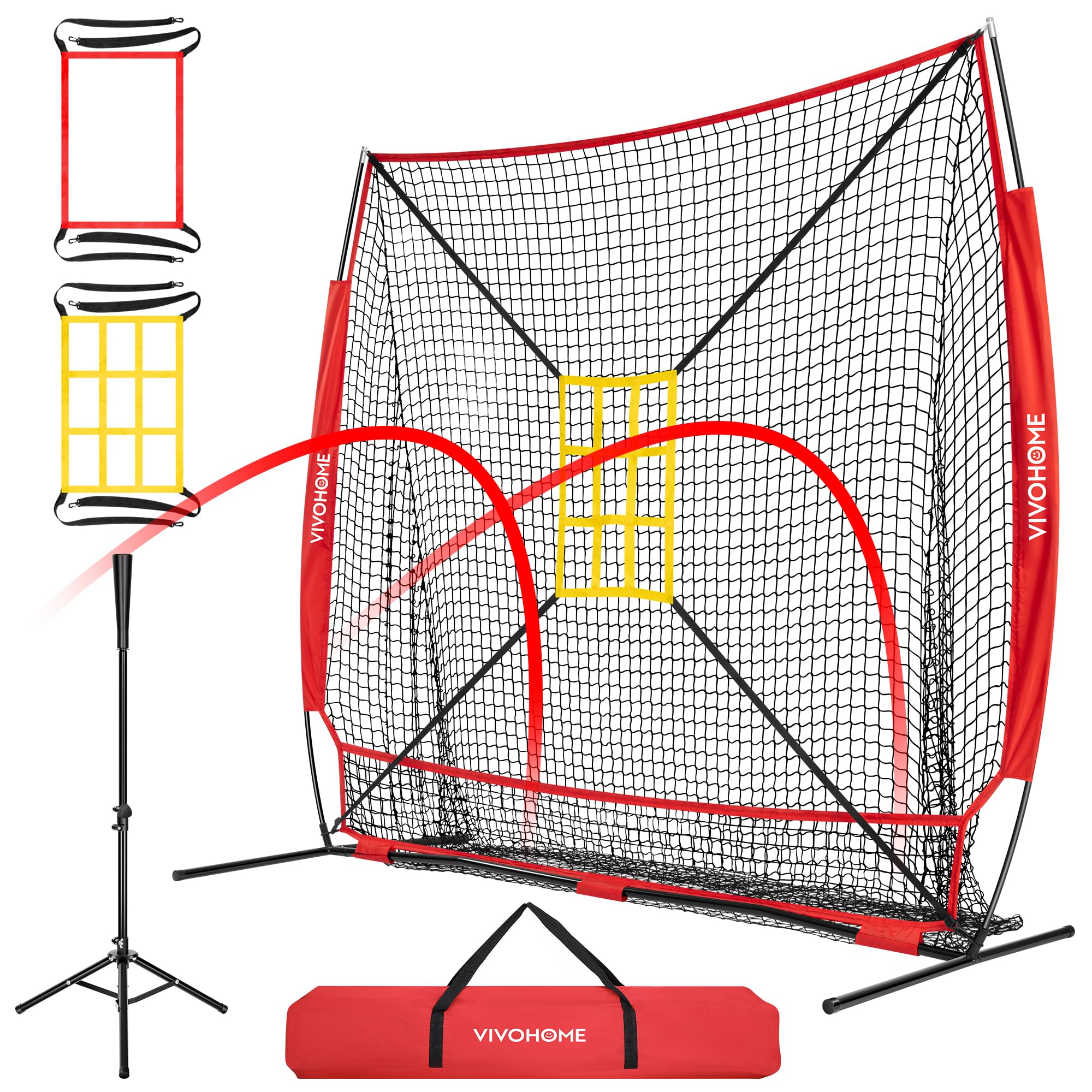VIVOHOME Baseball Softball Hitting Net with Large Ball Collection System, 7 x 7 ft Baseball Batting Pitching Net with Tee, 2 Strike Zone, Carry Bag, Red