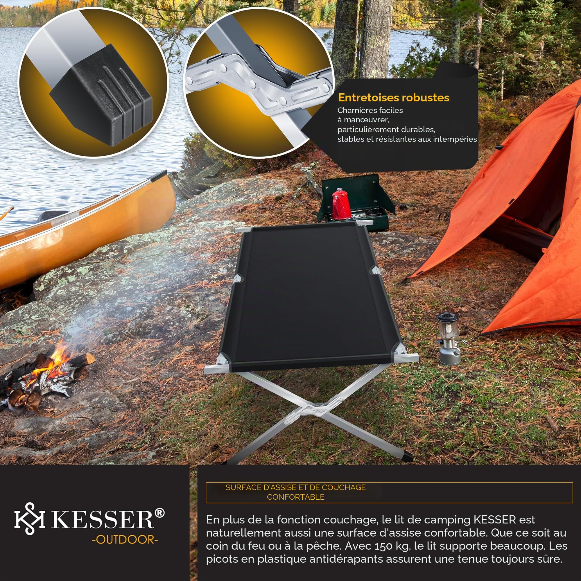 KESSER® Lit de Camping Pliant avec Sac de Transport et Poche latérale 210 x 73 x 45 cm Charge maximale 150 kg Tube métallique 600D Tissu Oxford Portable Chaise Longue de Voyage Confortable avec Sac