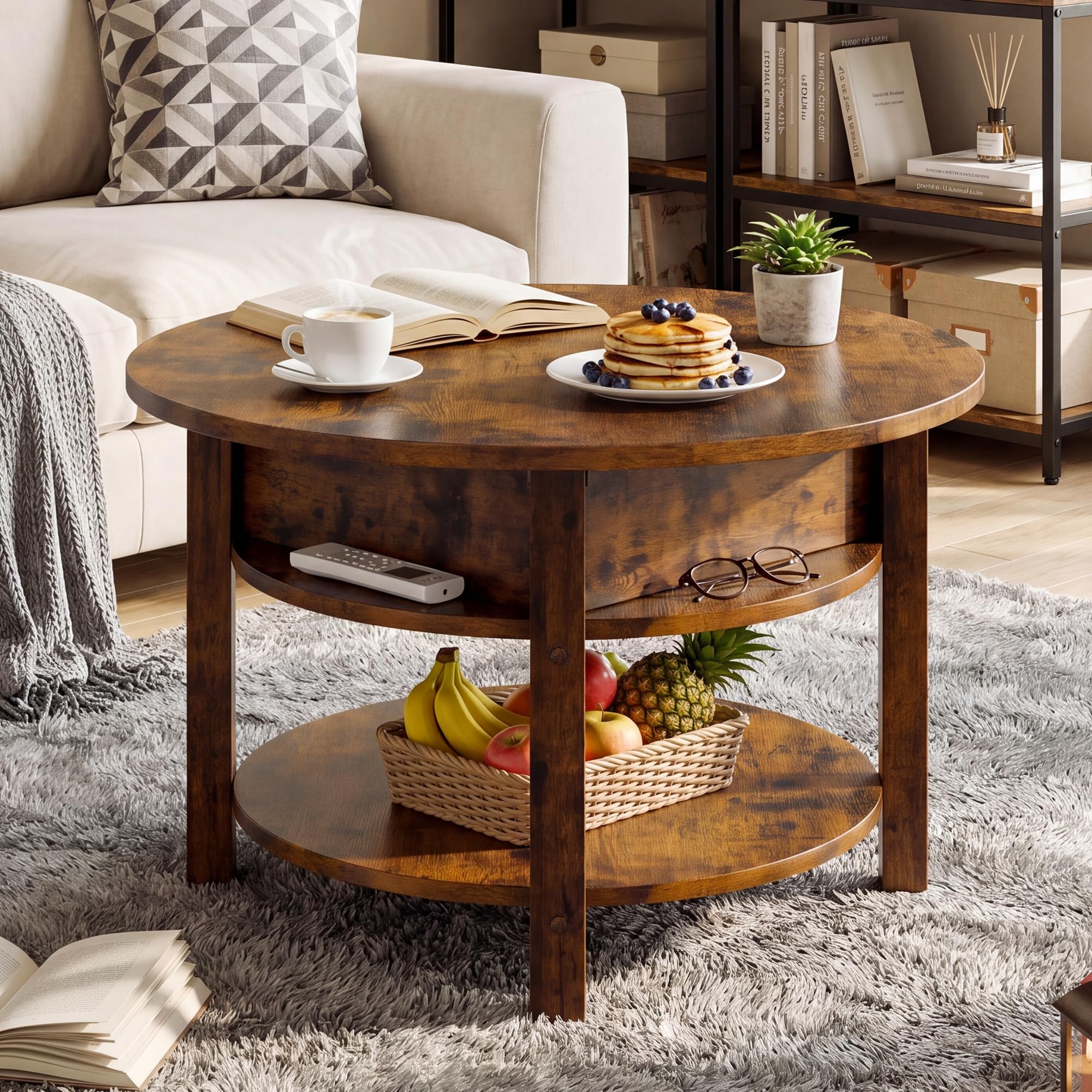 ELUCHANG Table Basse avec Rangement Caché RondeTable Basse Plateau Relevable 2 en 1 pour Salon et Bureau, Forte Charge Portante, 80x80cm, Marron Rustique