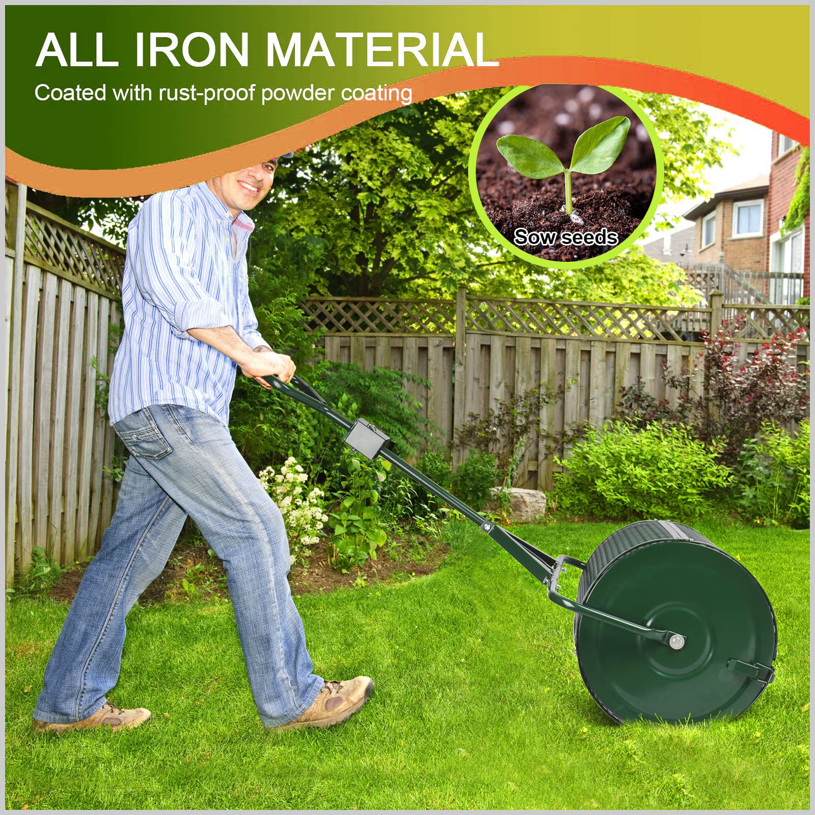24-Zoll-Kompoststreuer für den Garten, Torfmoosstreuer mit T-förmigem Griff, Streukorb aus Stahlmetallgitter, für Kompost, Torfmoos, Mutterboden, Aussaat, Miststreuerwalze