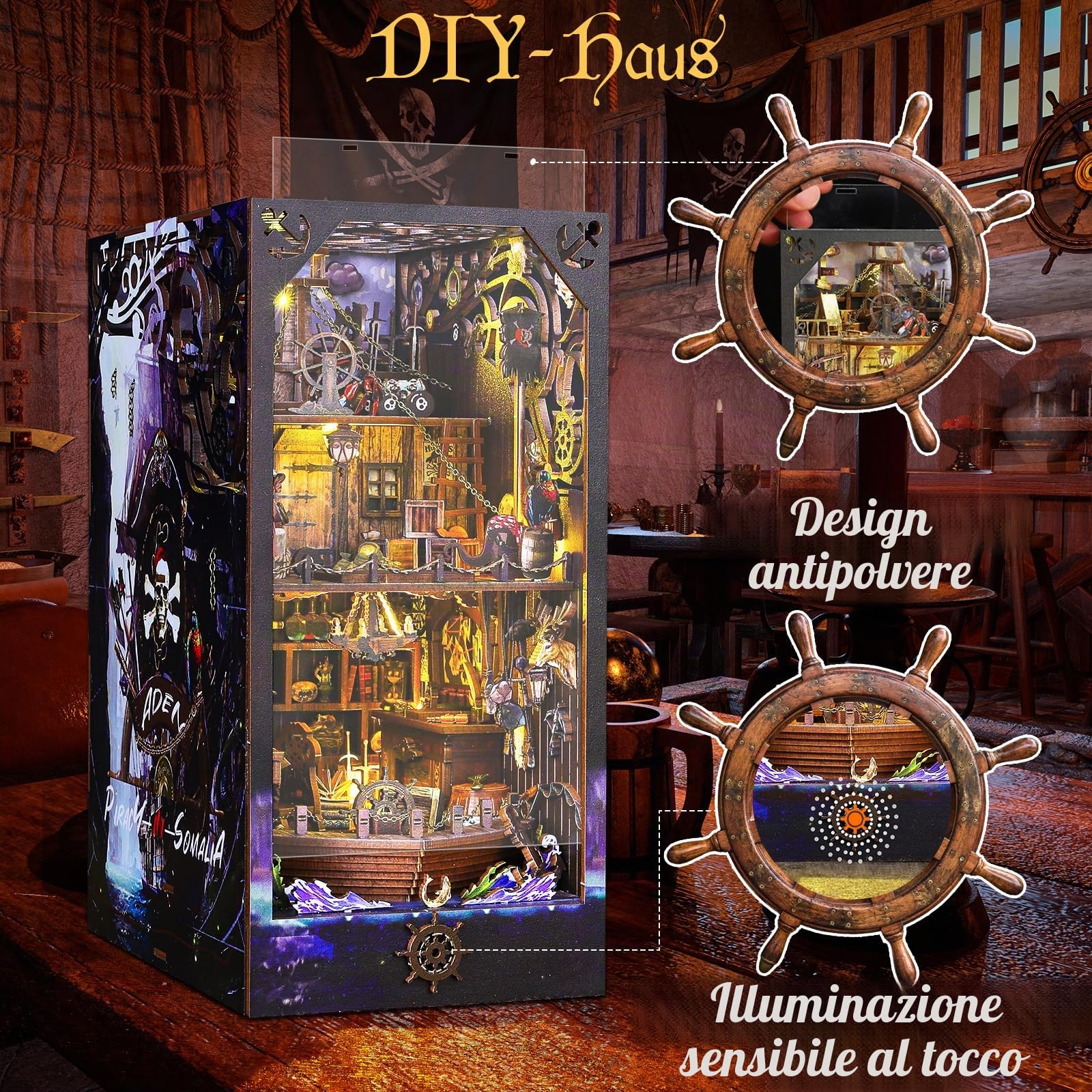 BuzzoXerex DIY Book Nook, DIY Casa in Miniatura Fermalibri in Legno 3D con Copertura Antipolvere, Luce LED Manuale per Arredare le Librerie e fare Regali Creativi (Aden)