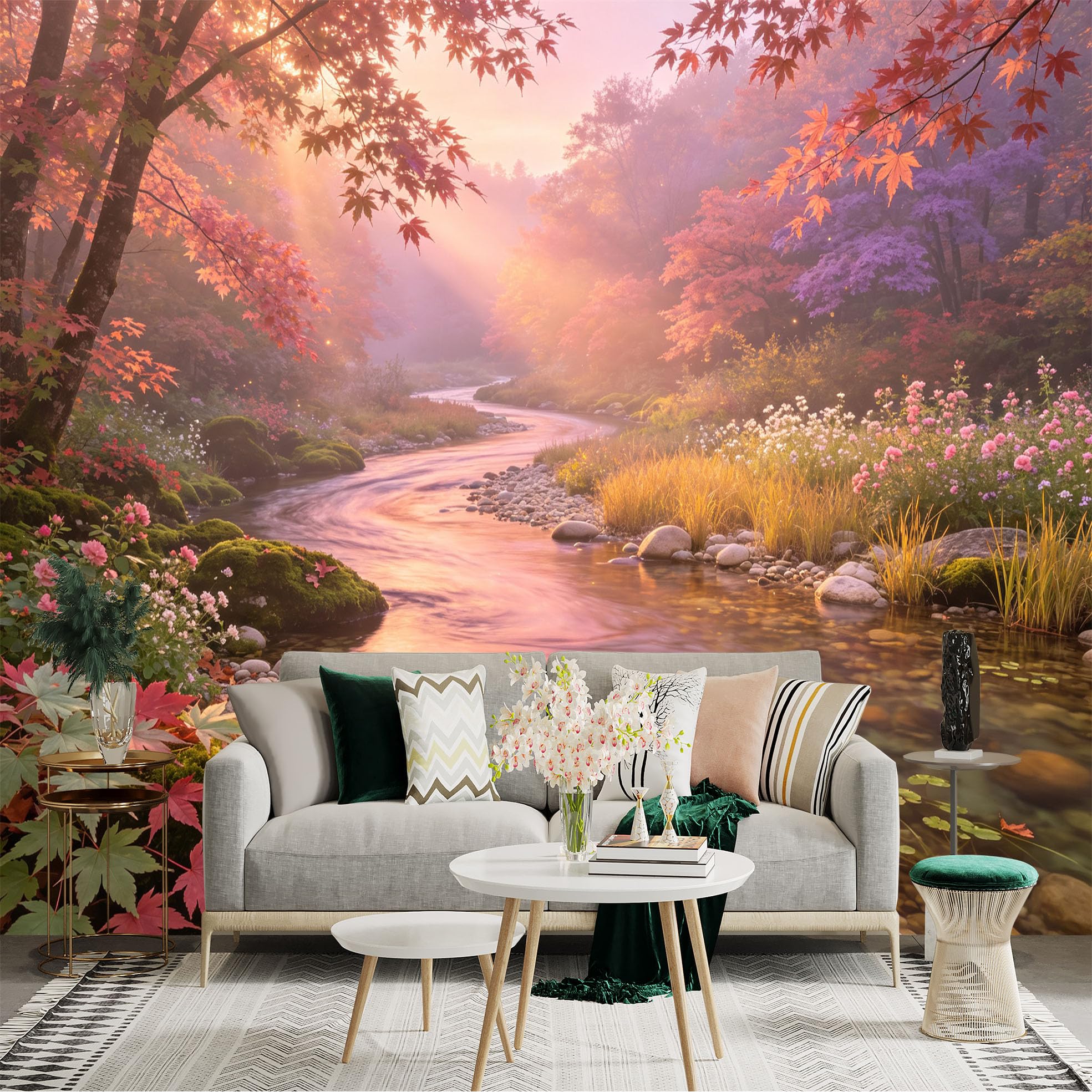 Lnzczhyre Bh260719636 Custom Size Wall Sticker Mural， Enchanting Autumn River Landscape， Vibrant Maple Foliage， Sunlit Woodland Creek， Peaceful Nature Scenery， For Wall Decoration， Peelandstick Wall Decals.