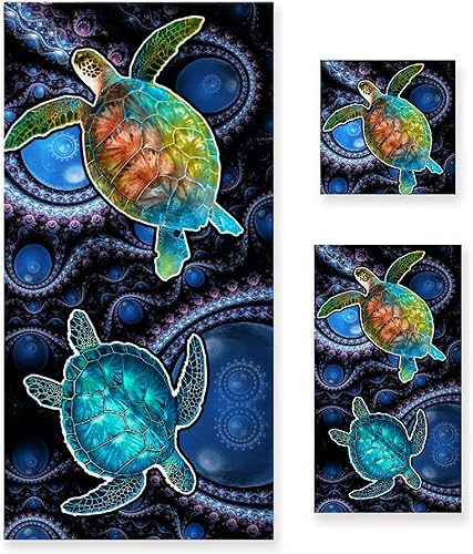 Sea Turtle - Juego de 3 toallas de baño, 1 toalla de baño, 1 toalla de mano y 1 toallita, toalla de baño suave, versátil y elegante, decorativa para