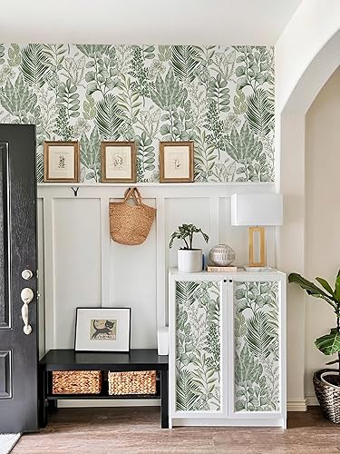 Miniatura 6 de HeloHo Papel tapiz de 16.1 x 118 pulgadas, diseño de hojas florales, color azul, verde, gris, para dormitorio, autoadhesivo, extraíble, impermeable,