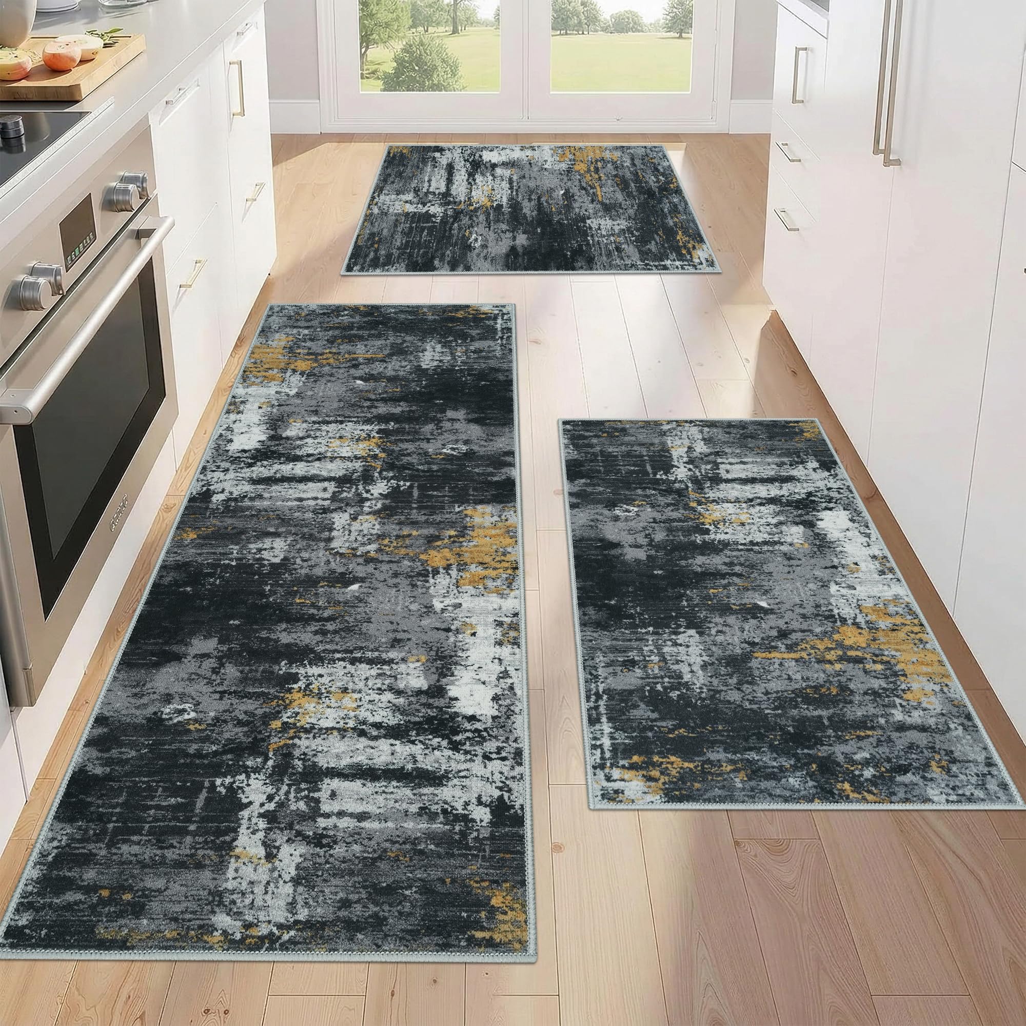 Edlbaegy 3 Pieces Kitchen Rug Runner Non-Slip Washable Kitchen Mat for Floor Modern Low Pile Carpet Runner for Entrance Door Hallway Laundry Black 50x120cm+50x80cm+50x80cm