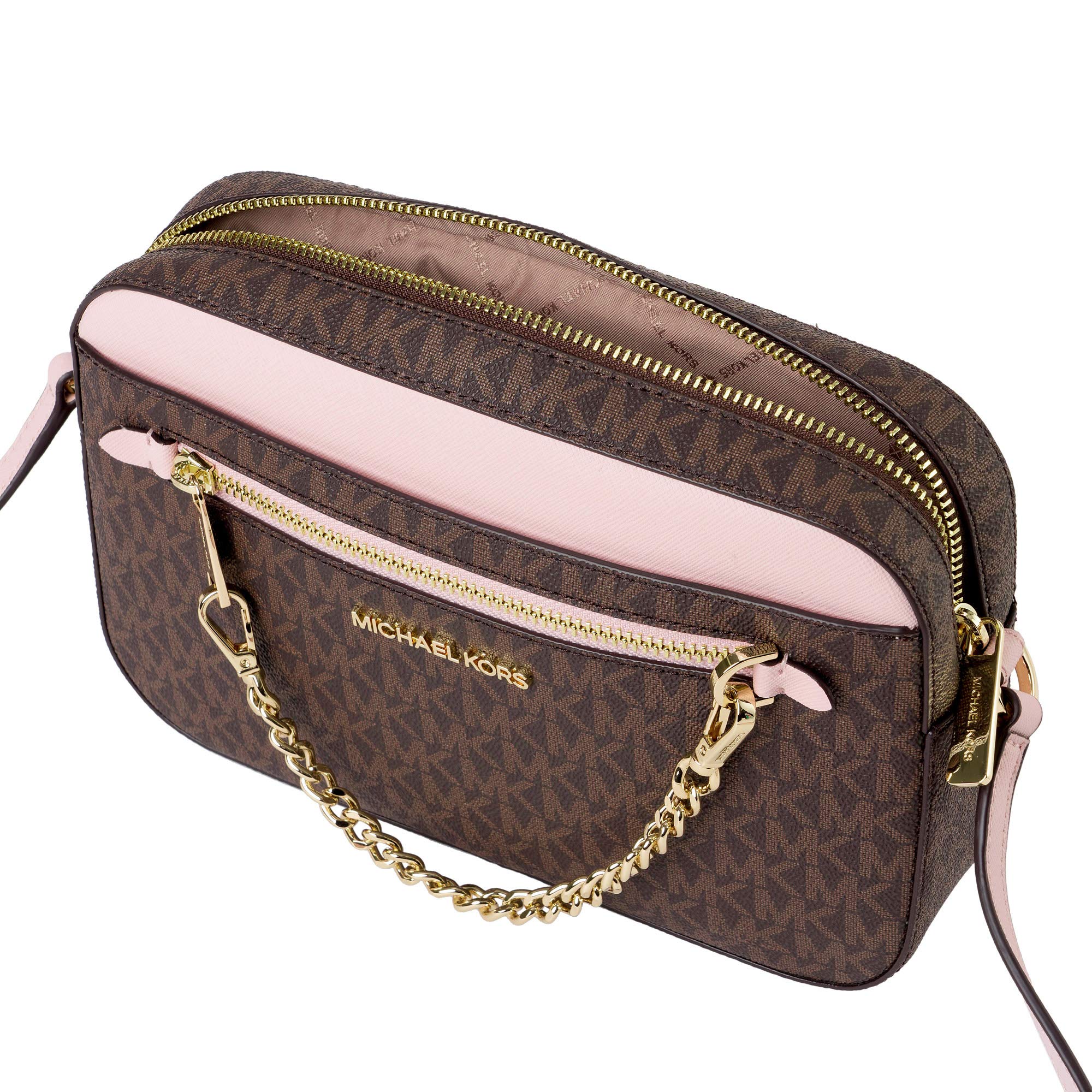 Michael Kors Jet Set Chain East West Large Crossbody Brown MK Powder Blush Pink Multi