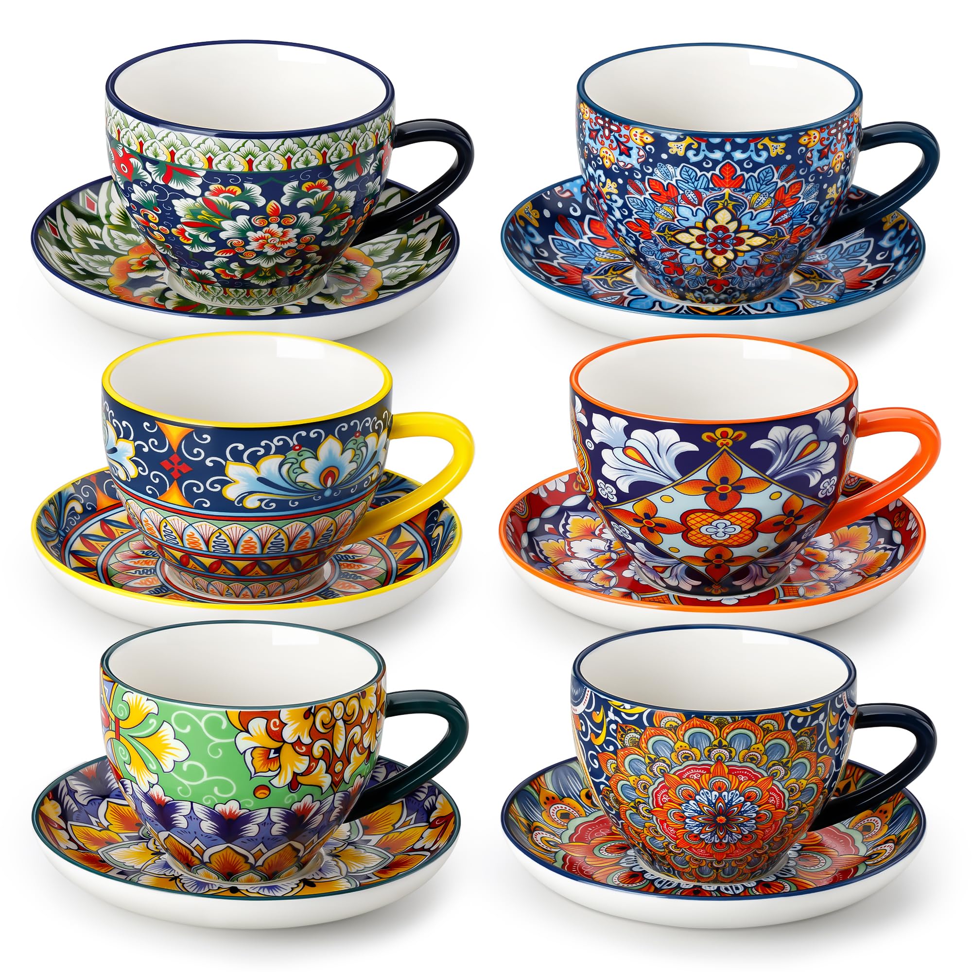 vancasso SIMI Cappuccino Tassen mit Untertassen 6er Set - 240 ml - Kaffeetassen aus Bunt Porzellan, Geschirr Tasse Becher für 6 Personen, Mikrowellengeeignet, Böhmischer Stil