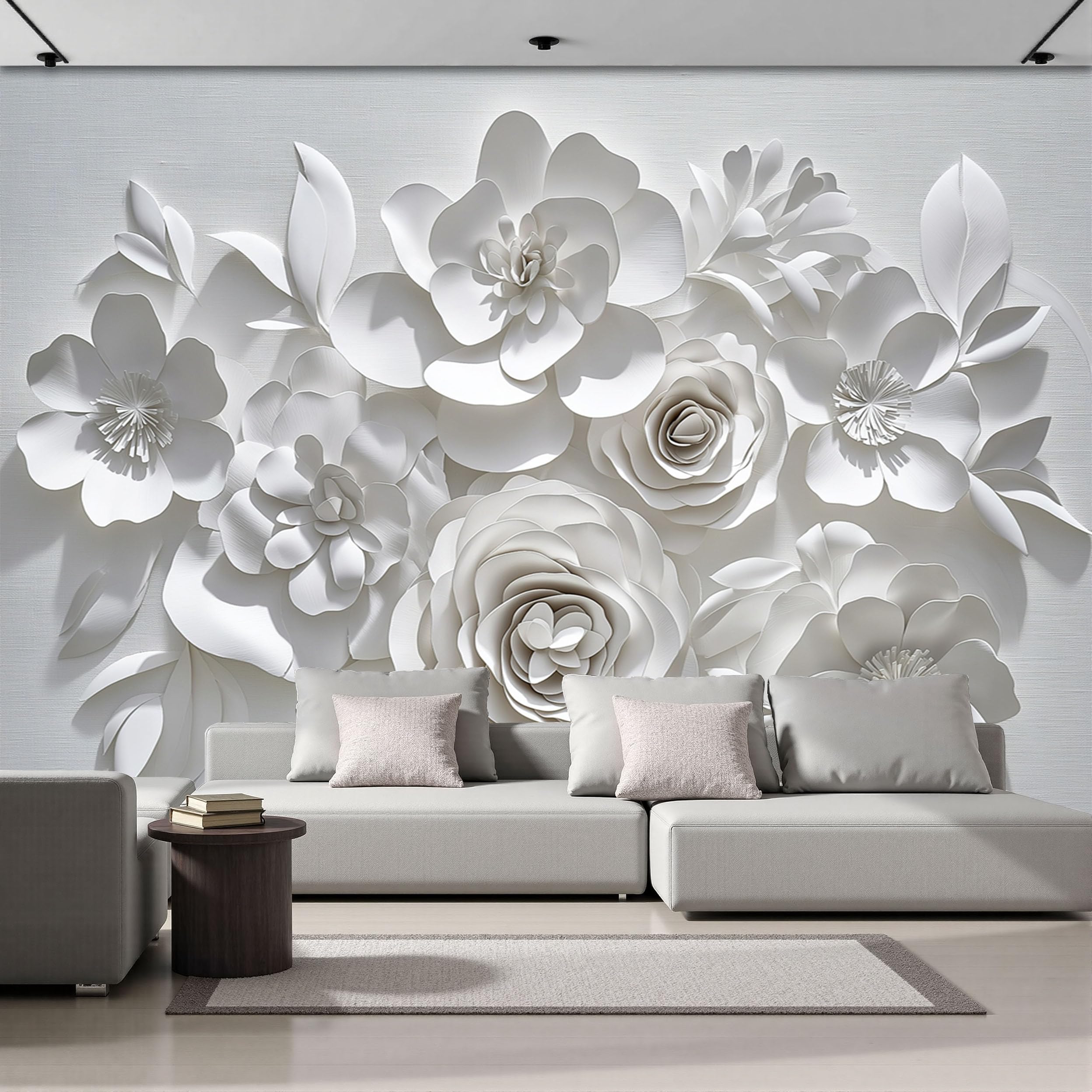 Papier Peint Panoramique Grandes fleurs blanches pour un salon lumineux et apaisant