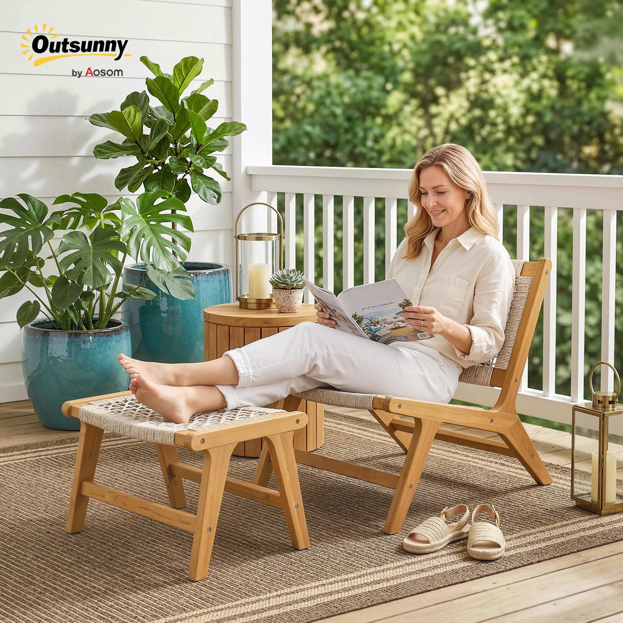 Outsunny Gartensessel mit Hocker 2-Teilig Verstellbare Füße 160 kg Beige | Akazienholz, Outdoor Loungesessel mit Rattan-Sitz, Boho-Stil, Polyrattan Lounge Set, Gartensessel für Garten Balkon
