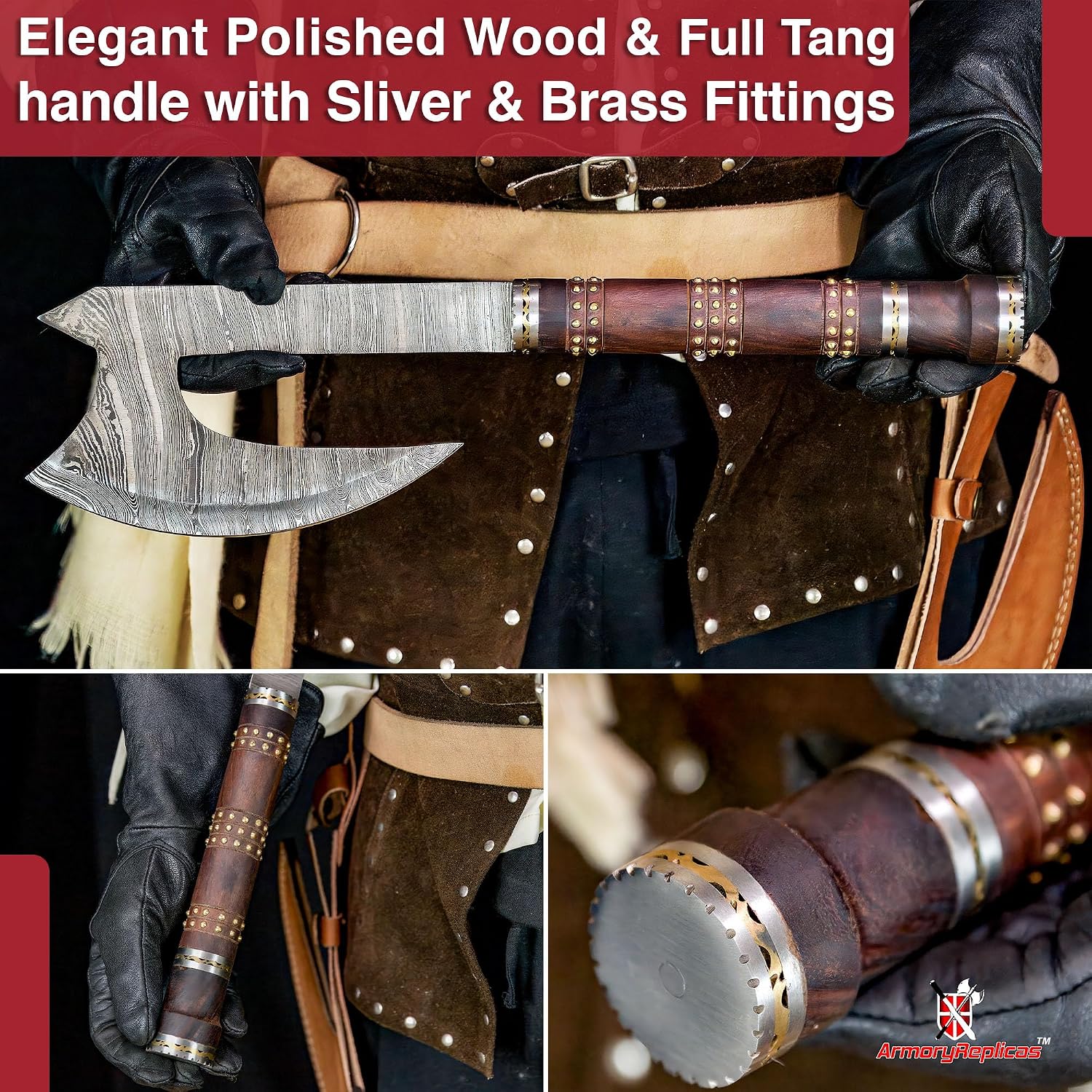 Armory Replicas™ Far Sight Full Tang Damascus Steel Bearded Axe, Sheesham Wood Handle, Brass Rivets, Genuine Leather Sheath