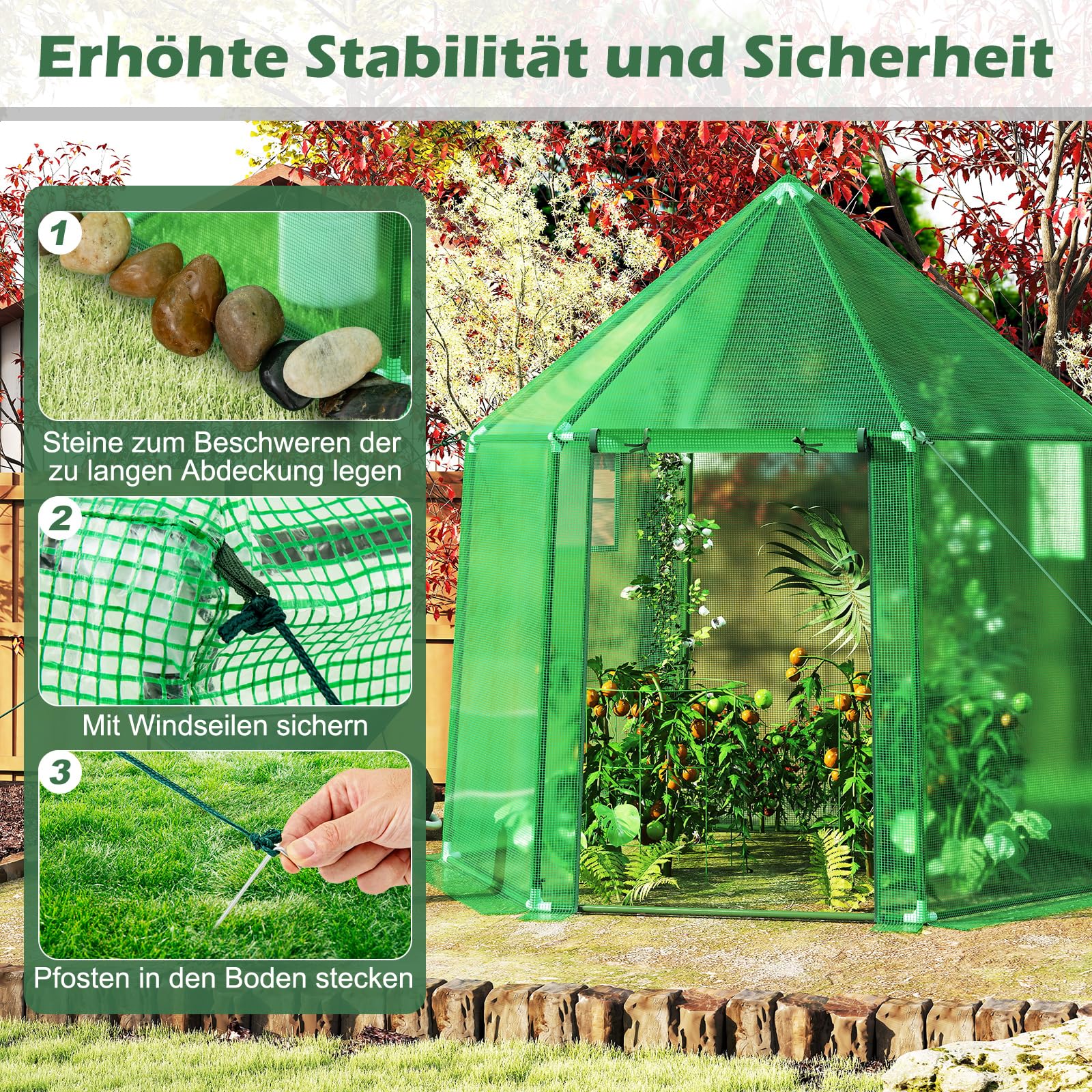 COSTWAY Gewächshaus, Treibhaus mit Allwetter-PE-Abdeckung, Rolltür und Fenster, Foliengewächshaus Tomatengewächshaus Tomatenhaus, Pflanzenhaus für Tomaten & Topfpflanzen, 198 x 172 x 190 cm, Grün