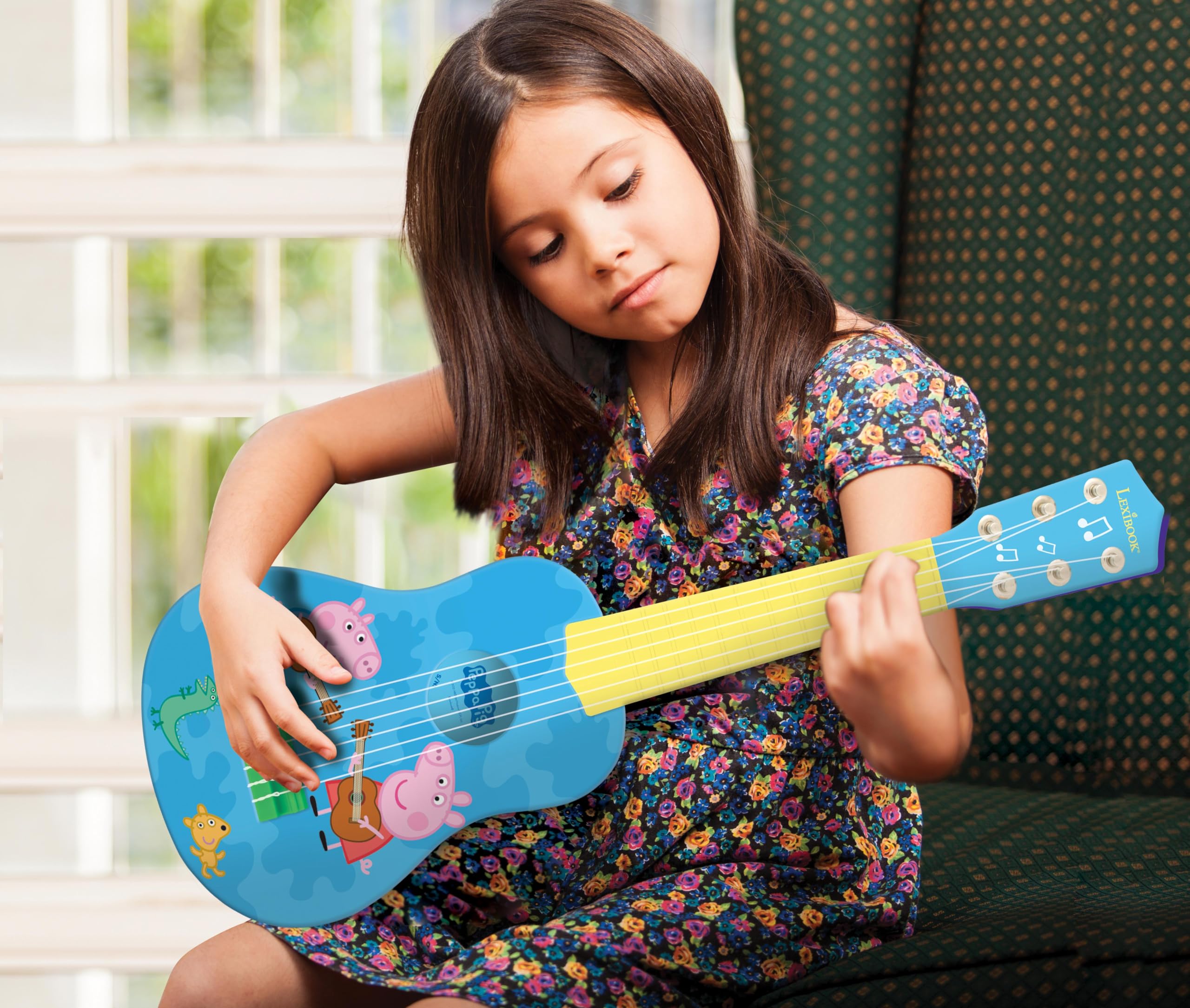 Lexibook, Peppa Pig, My First Guitar per bambini, 6 corde in nylon, lunghezza 53,3 cm, guida inclusa, blu/giallo, K200PPLXB