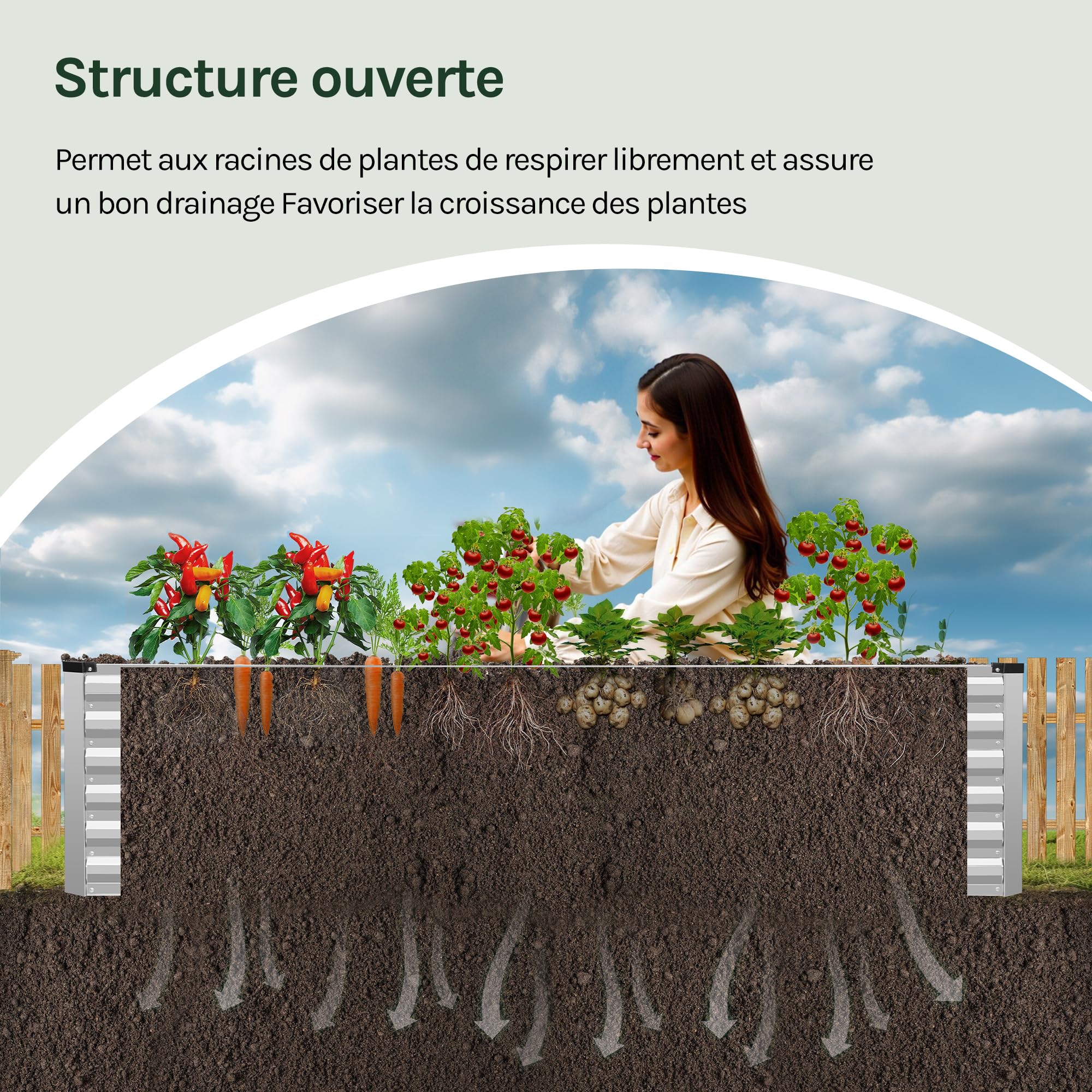 WOLTU Potager Surélevé en Métal, Bac Potager Extérieur 238x80x56cm, Jardinière Rectangulaire en Tôle Galvanisée, pour Légumes, Fleurs et Herbes, pour Jardin, Balcon et Terrasse, en Argenté