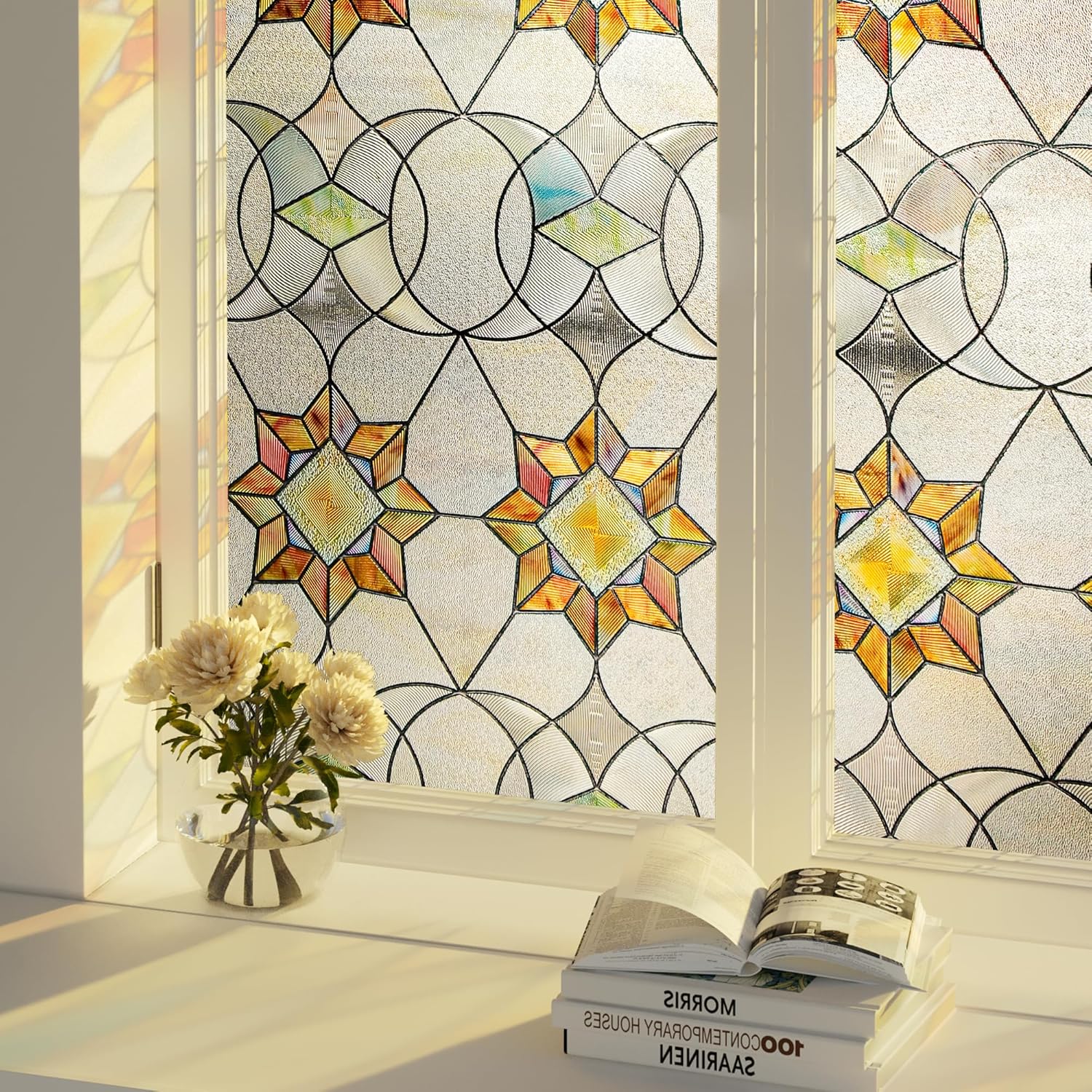 Oxdigi 3D Stained Glass Window Film - Static Cling Privacy Protection & UV Blocking, Floral Geometry Pattern 35.4x78.7 (No Residue, Reusable) 35.4"x 78.7" Floral Geometry