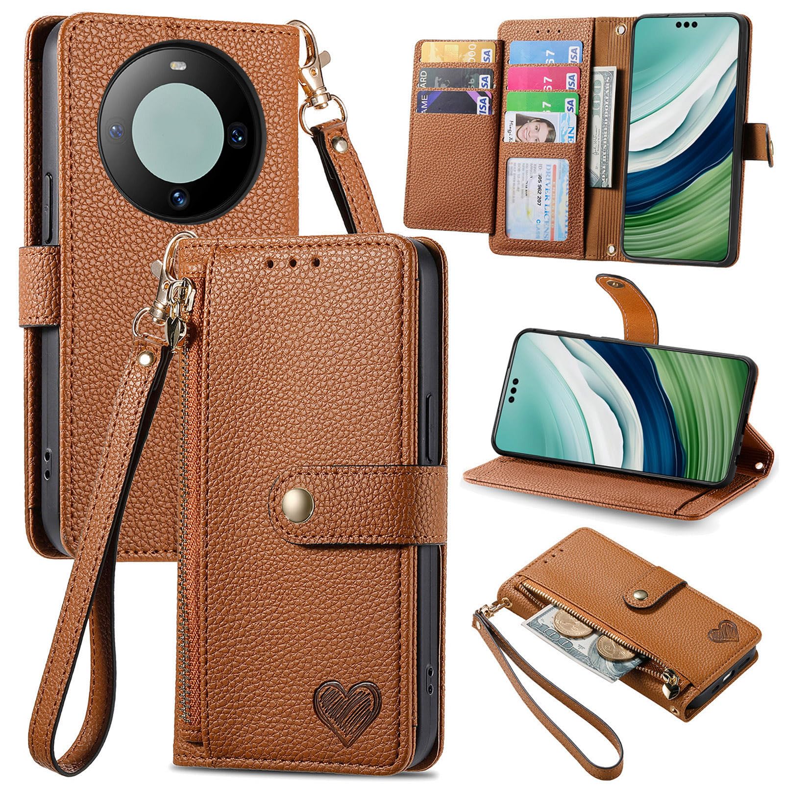 Cover Compatible with Huawei Mate 60 Pro Plus,Compatible with Huawei Mate 60 Pro Plus Lanyard【Zipper Wallet】【7 Card Slots】【Flip Stand】【Magnetic Buckle】 Brown