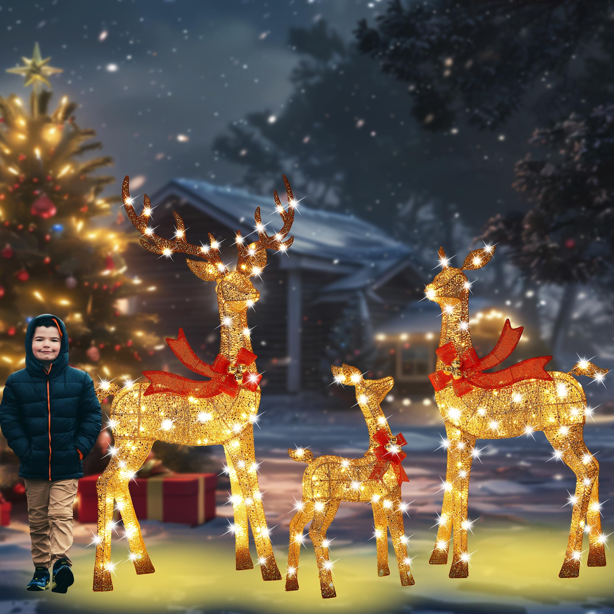 HbSpacstial 58 Inch 3D Gold Large Lighted Christmas Deer Decorations 3-Piece Outdoor Holiday Decorations Reindeer Set with 210 Warm White LEDs, Large Yard Display for Garden, Storefront