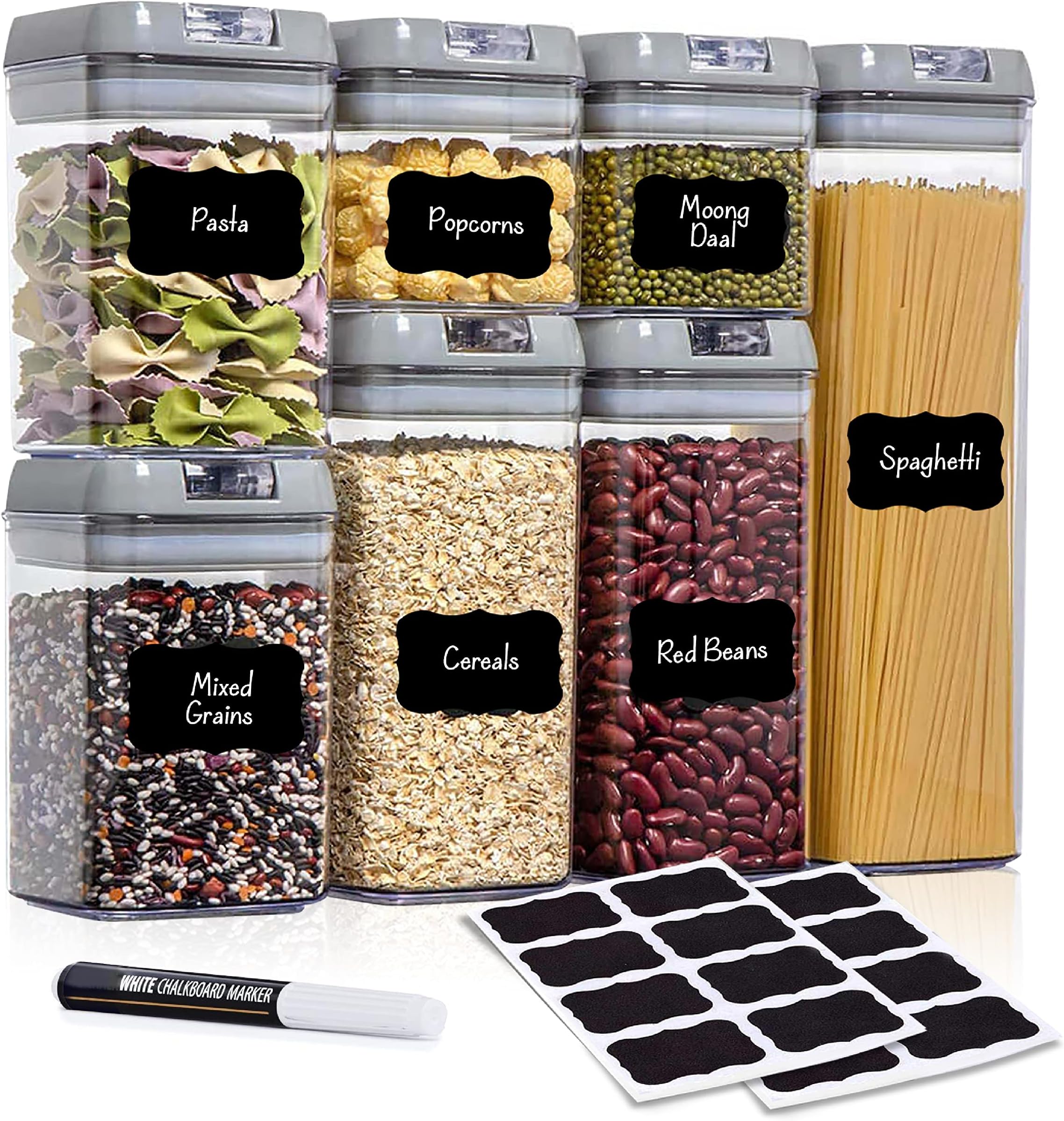 FM Royal Brand - Premium Airtight Food Storage Containers - Set of 7 Kitchen Storage Containers for Pantry Organization - BPA Free Canister Sets - Leak-Proof Lids - 16 Labels & 1 Chalk Marker (Gray)