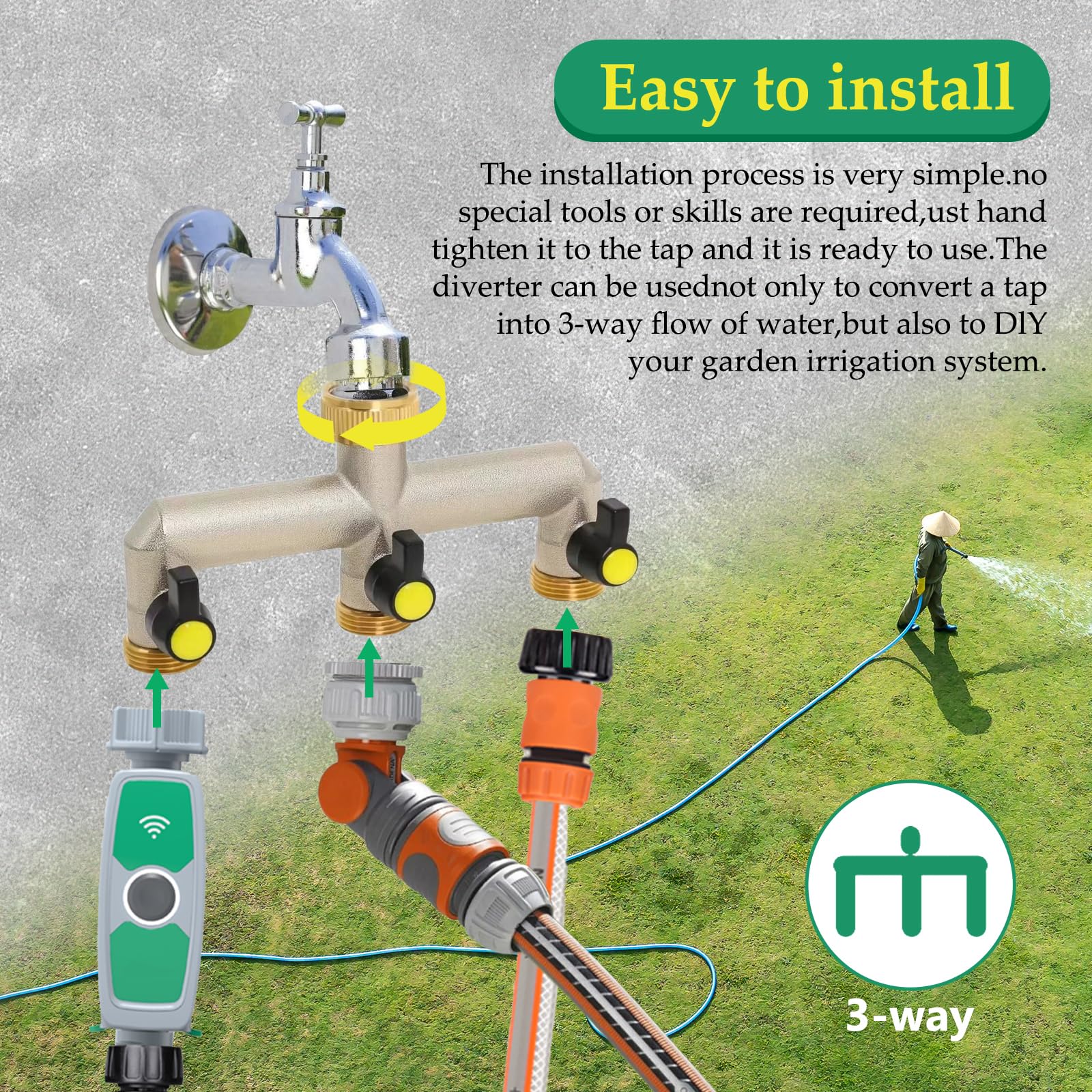 Sdoppiatore Rubinetto Giardino 3 Vie in Ottone, 3/4" Connettore per Tubo Irrigazione da Esterno con Valvole di Apertura/Chiusura Indipendenti, Raccordi Adattatori per Rubinetto Lavatrice