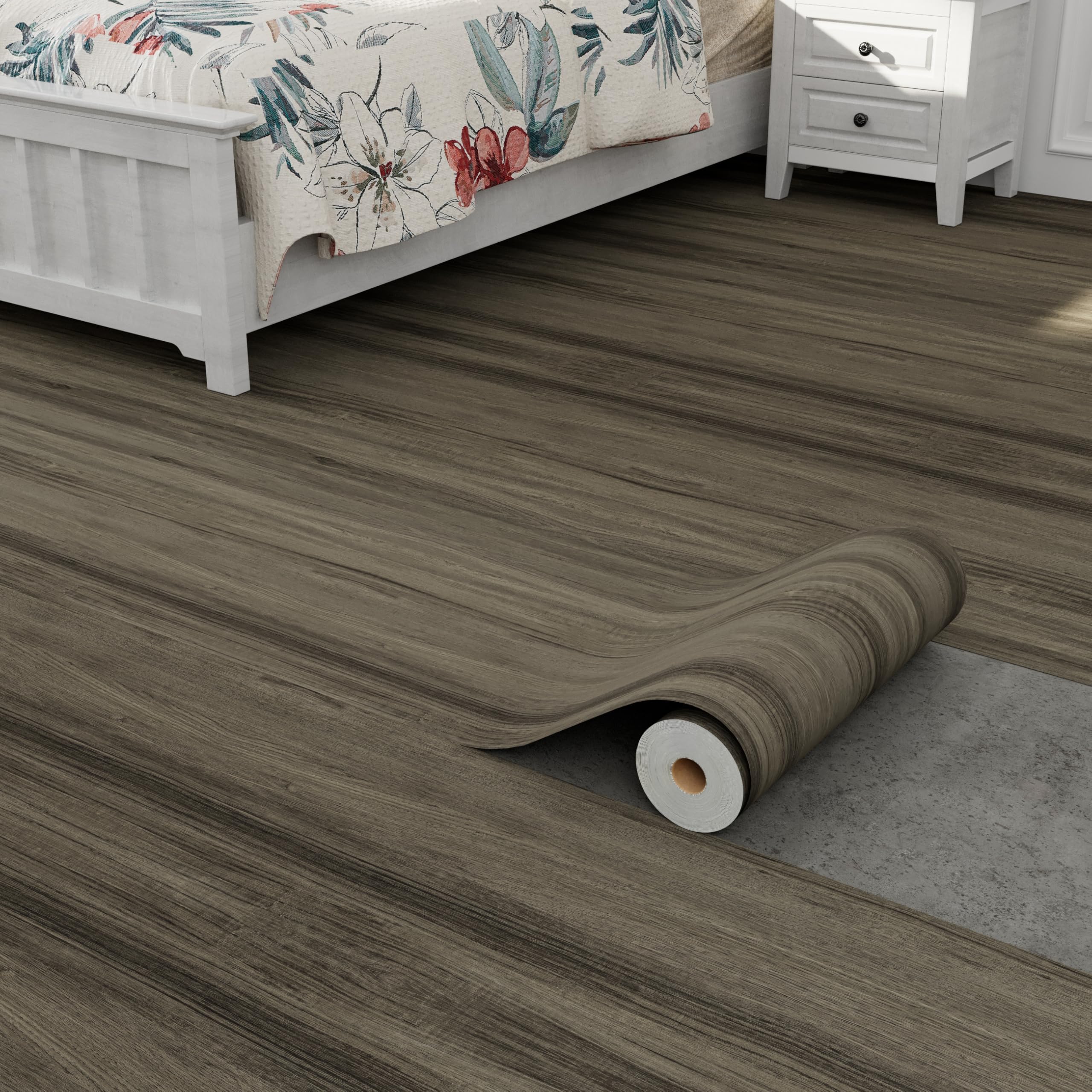 Oxdigi Vinyl Flooring Roll Peel and Stick - 15.7" x 393.7" (43 Sq.Ft) | Removable Self-Adhesive Wear-Resistant Vinyl Floor Tiles Wood Plank |Waterproof for Bathroom, Kitchen... | Deep Gray Brown