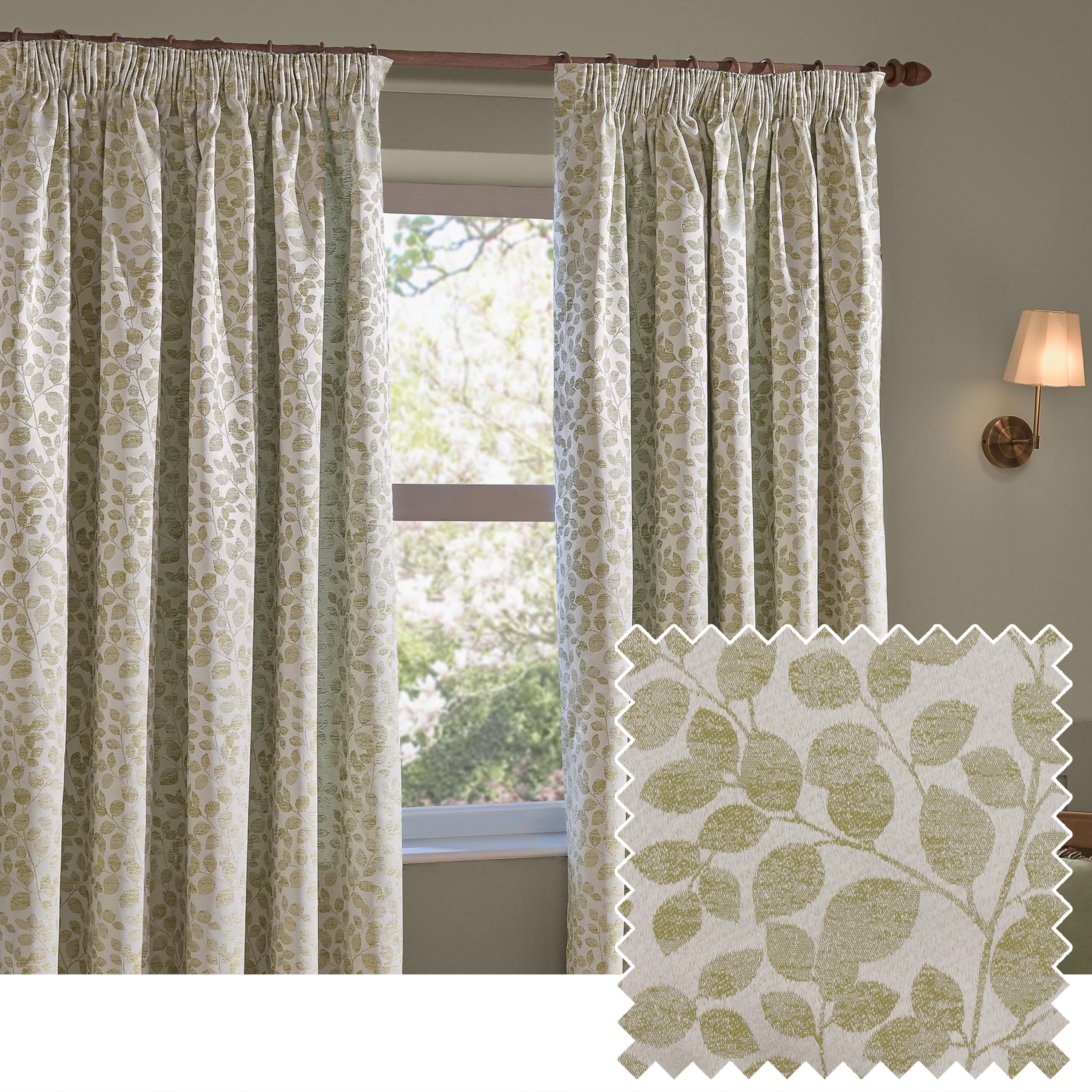furn. Wylder Grace Leaf Pencil Pleat Curtain Pair – Matt Satin Jacquard Room Darkening Curtains (Sage – Width 117 x Drop 137cm)