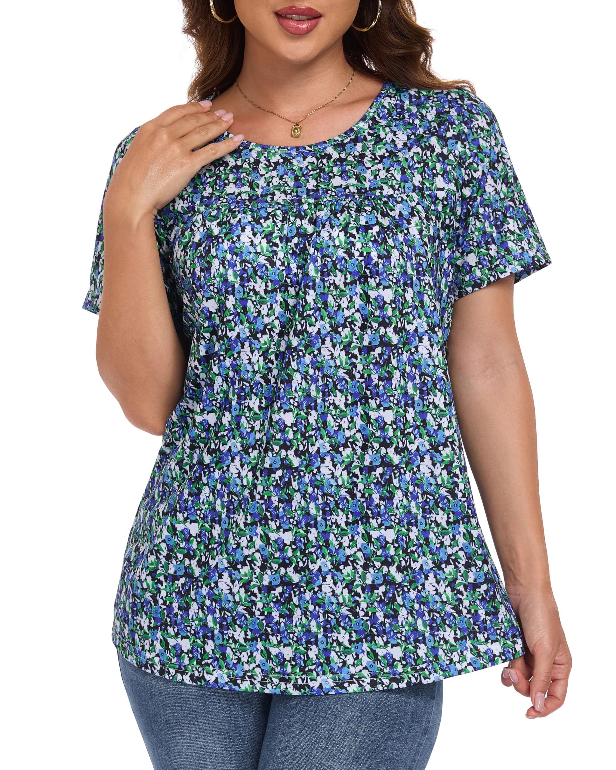 Womens T Shirts Short Sleeve Tops Casual Pleated Front Blouses Flowy Scooped Neck Summer Outfits