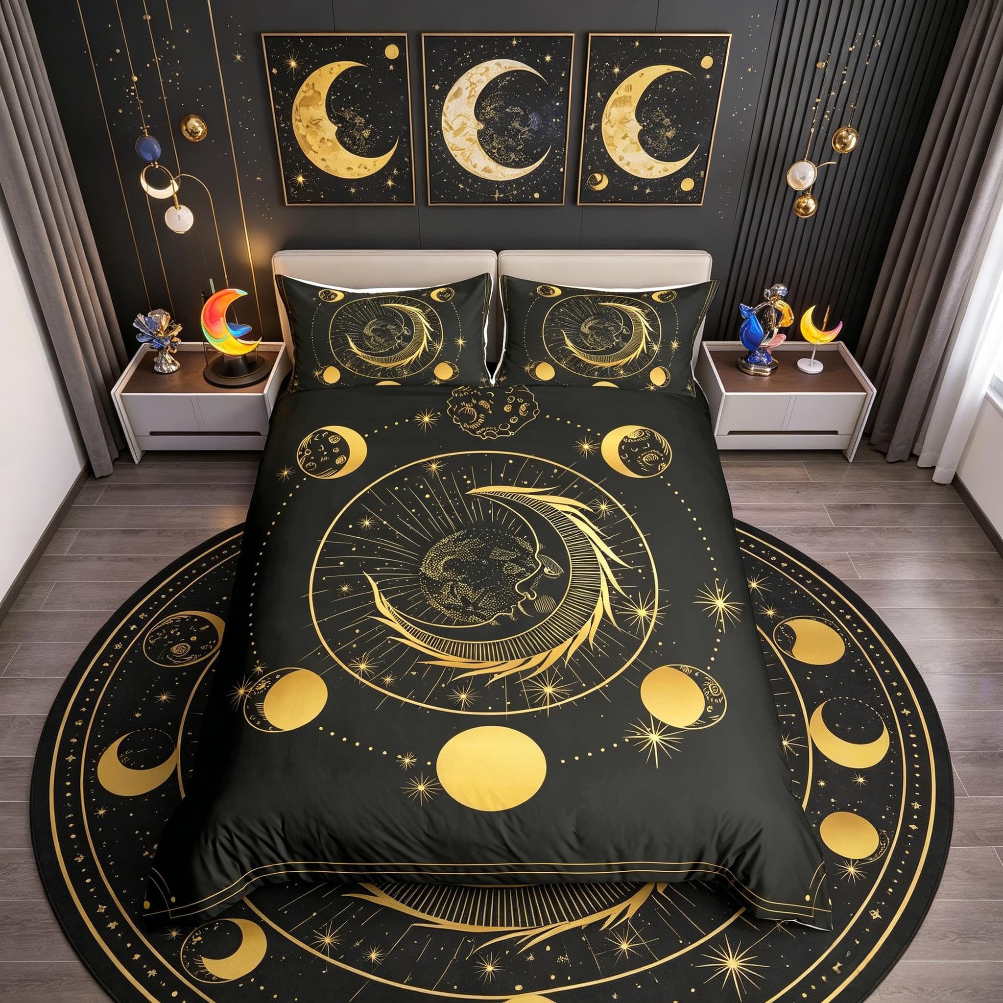 Loussiesd Girls Sun and Moon Bedding Set for Kids Women Boho Exotic Bed Cover Decorative Bohemian Galaxy Duvet Cover Chic Golden Black Bedspread Cover Double Size 3Pcs Bedclothes