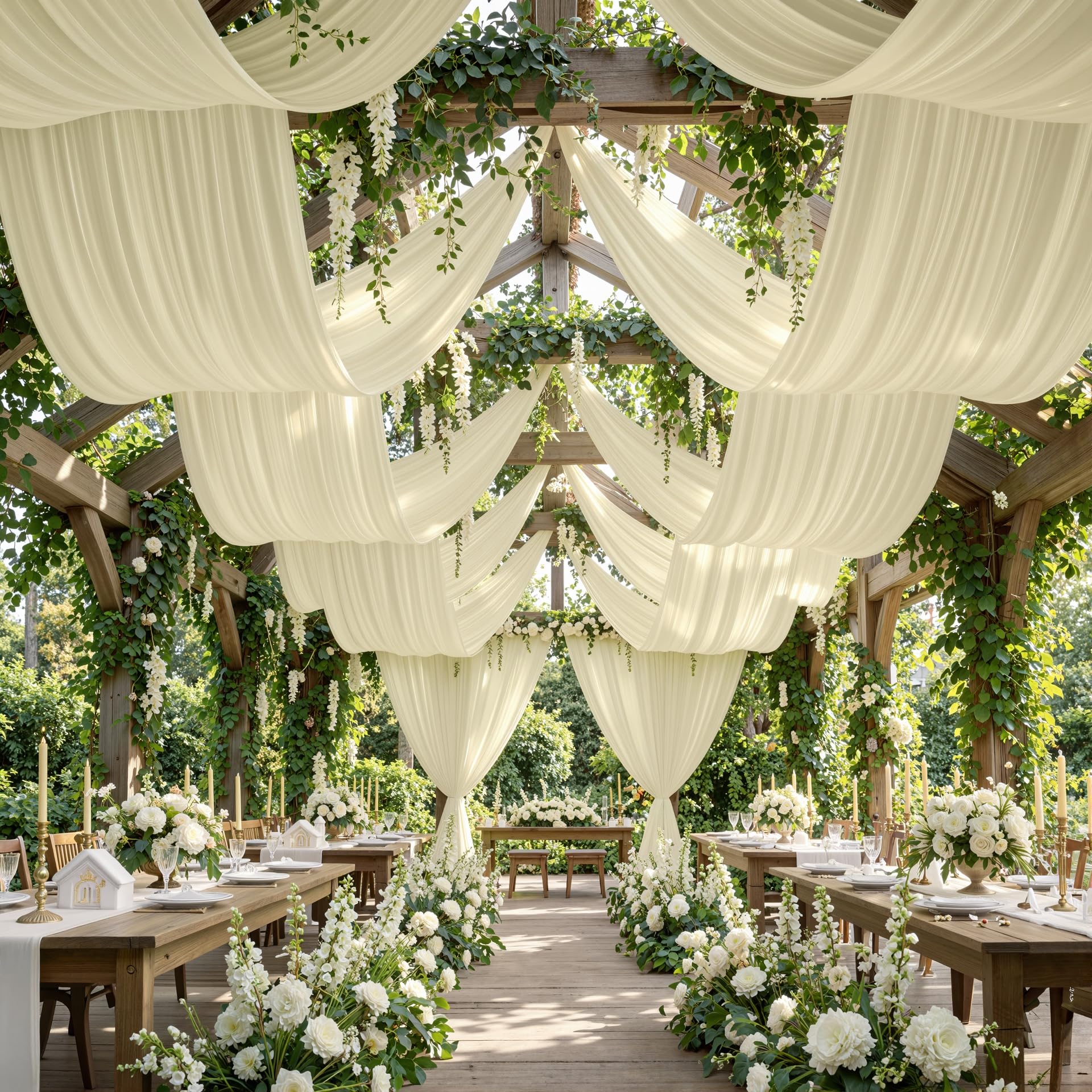 gogoparti Elfenbeinfarbene Deckenvorhänge für Hochzeiten, Partys, 2 Paneele mit 1,5 x 12,7 m, faltenfrei, Seidenvorhänge für Zelt, Baldachin, Hochzeiten, Geburtstage, Partys, Zelte und