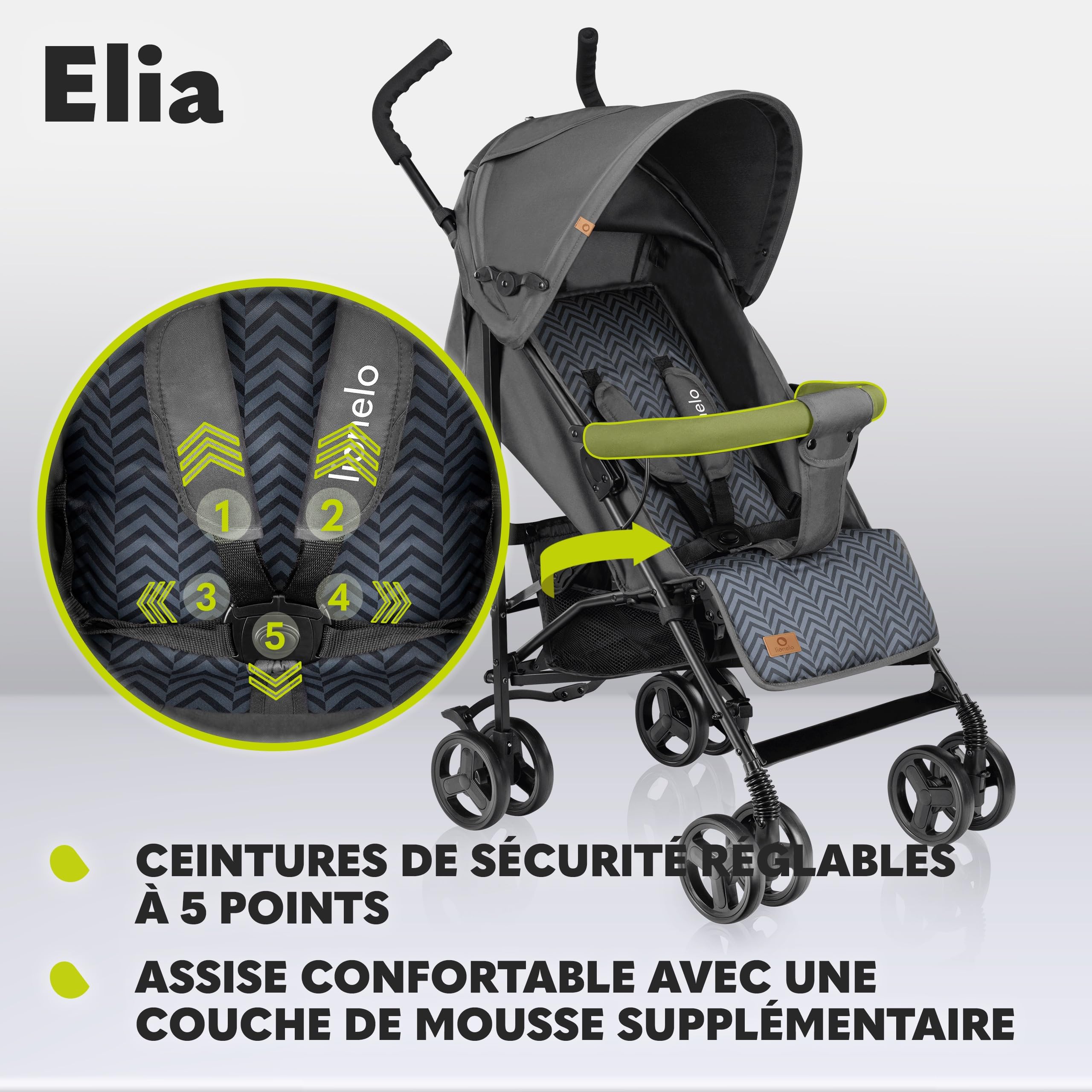 LIONELO Elia poussette canne à 15 kg, réglage du dossier jusqu’à la position couchée, grand panier, système de pliage rapide, moustiquaire