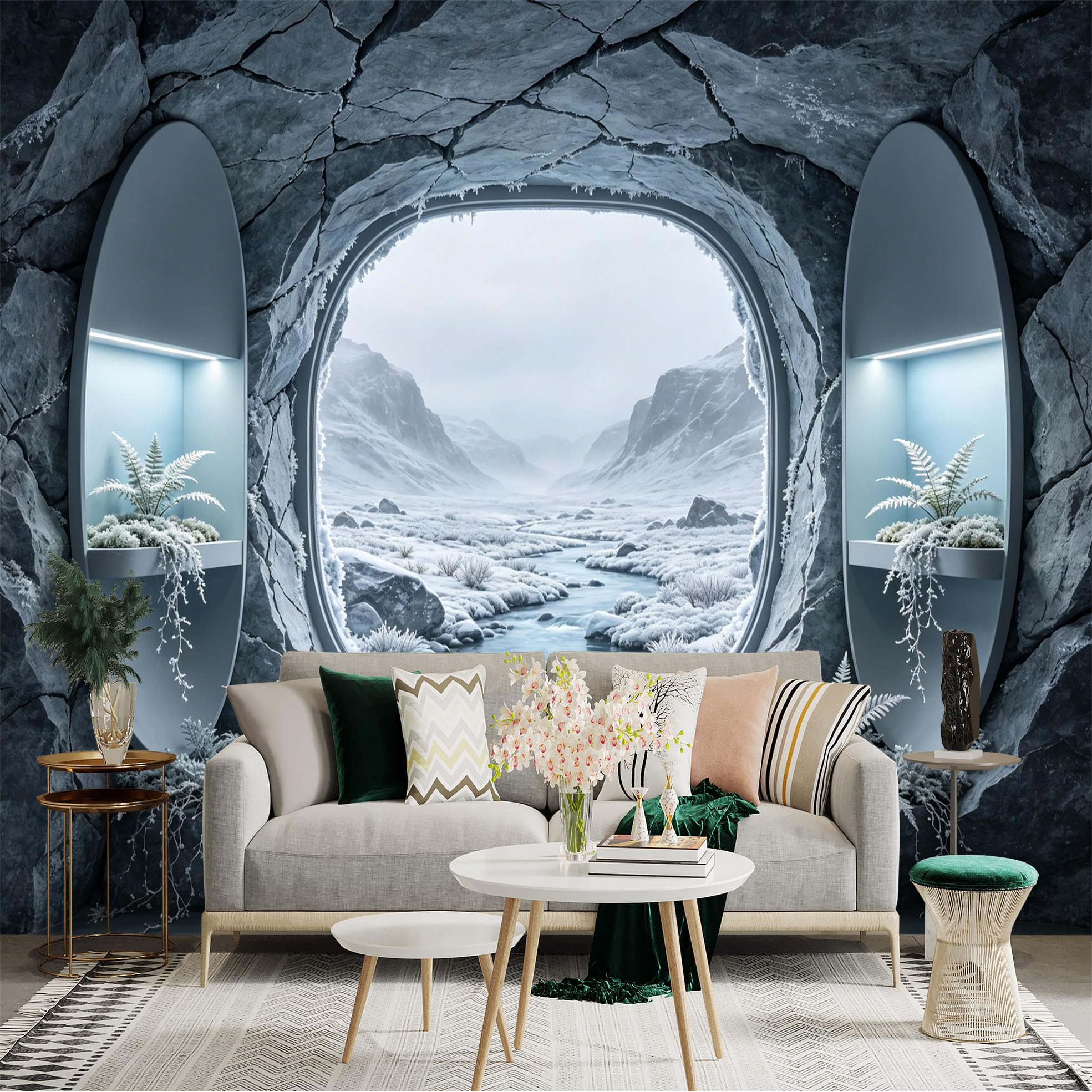 Custom Size Wall Sticker Mural， Frozen Mountain Valley with River and Rock Cave Window， for wall Decoration， peelandstick wall Decals.