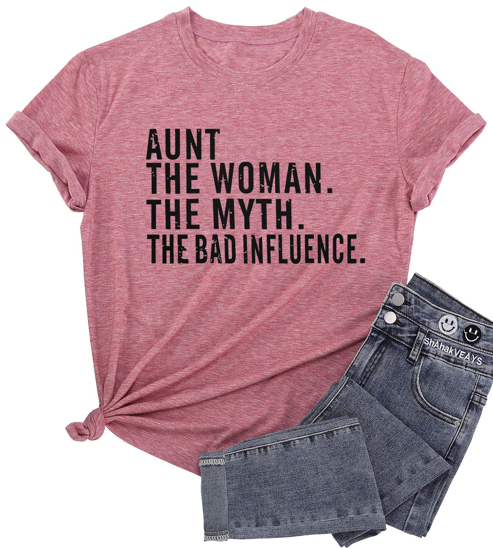 LHBNKWomen's Aunt Letter Print T-Shirt, Black, Size L