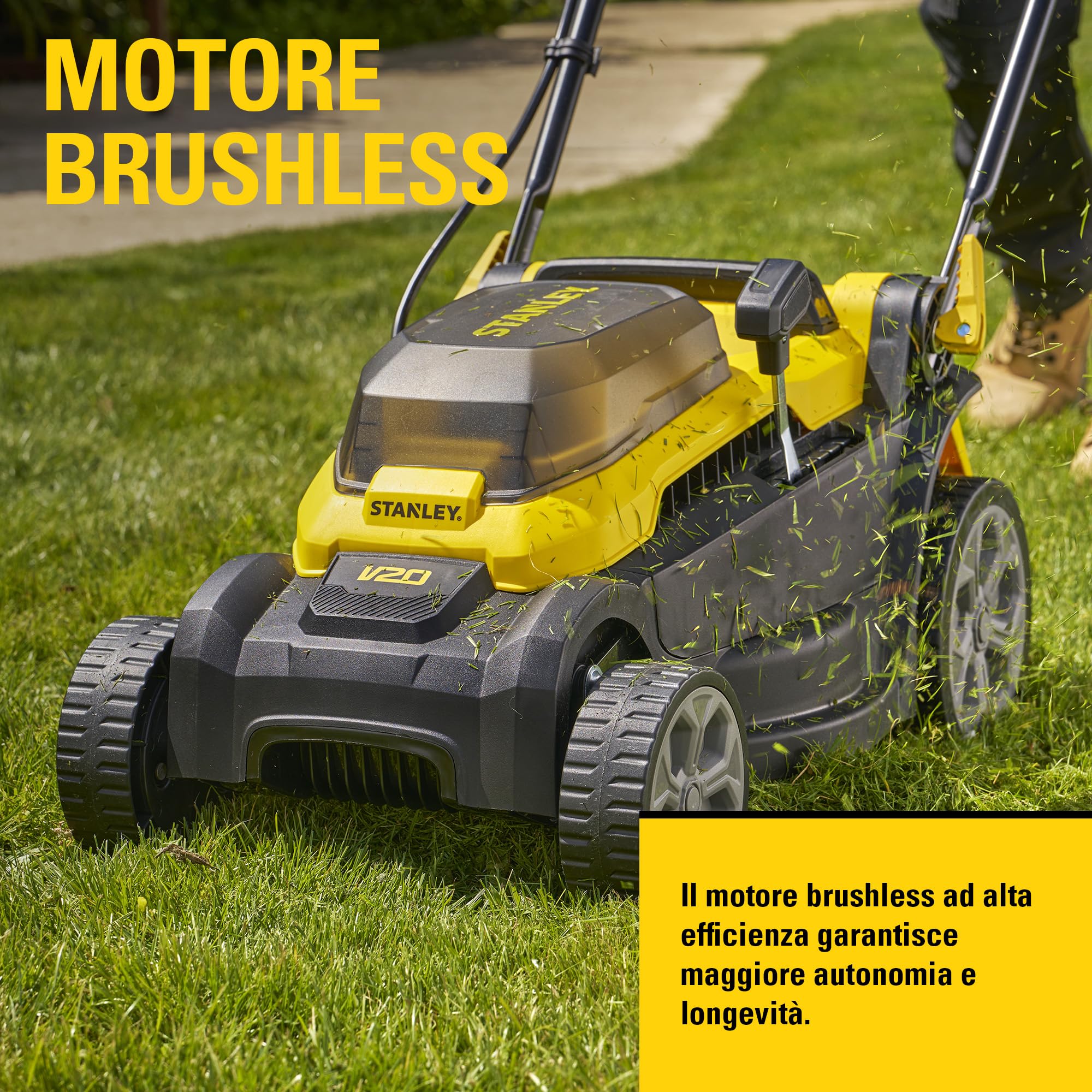 STANLEY V20 Cordless Brushless 34cm Walk-Behind Mower, include batteria Li-Ion 4Ah e caricatore 2A, 18V, SCMWP3401M1-QW