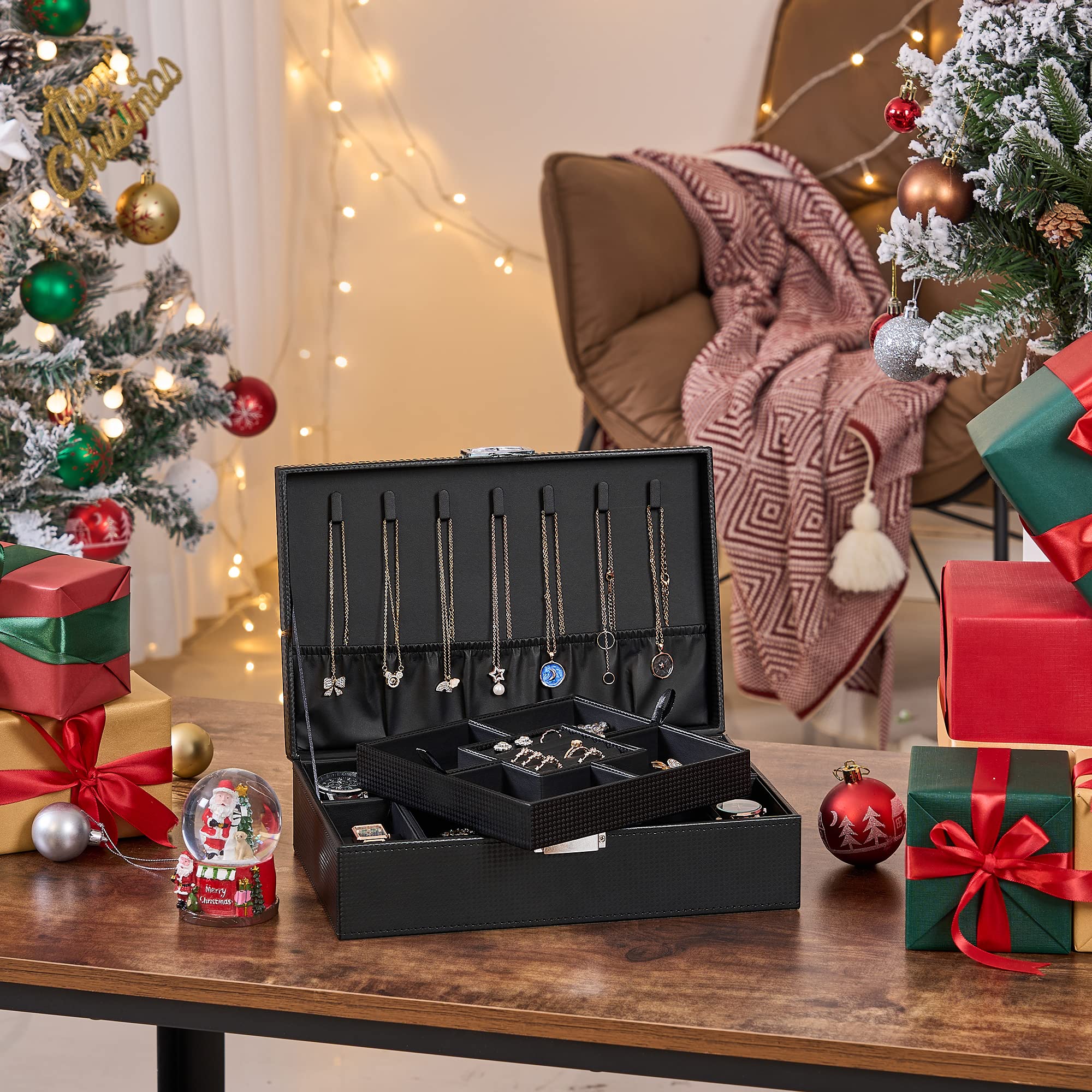 BEWISHOME Schmuckkästchen für Herren, Schmuckkästchen für Männer und Frauen mit 4 Uhrengehäusen, abnehmbares Tablett, Schmuck-Display-Aufbewahrungsbox, Armbandgehäuse, Schwarz SSH07C
