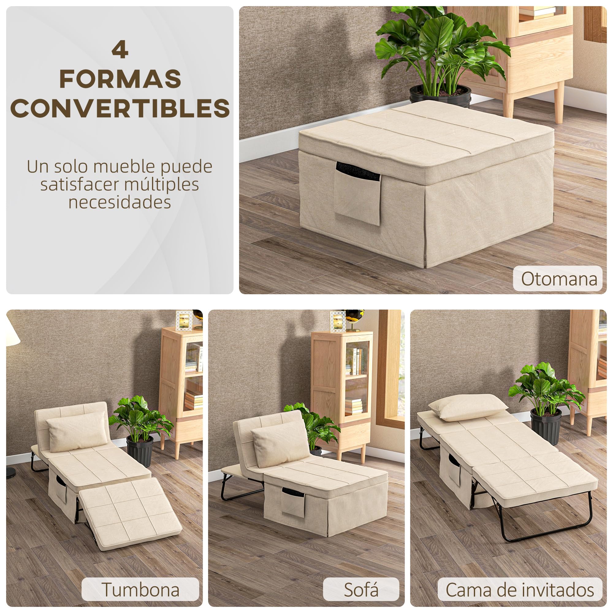 HOMCOM Sofá Cama de 1 Plaza 4 en 1, Sillón Cama Plegable, Otomana, Tapizado en Lino, con Respaldo Ajustable de 5 Niveles, Almohada Acolchada, para Oficina, Dormitorio, Salón, 75x80x74 cm, Crema
