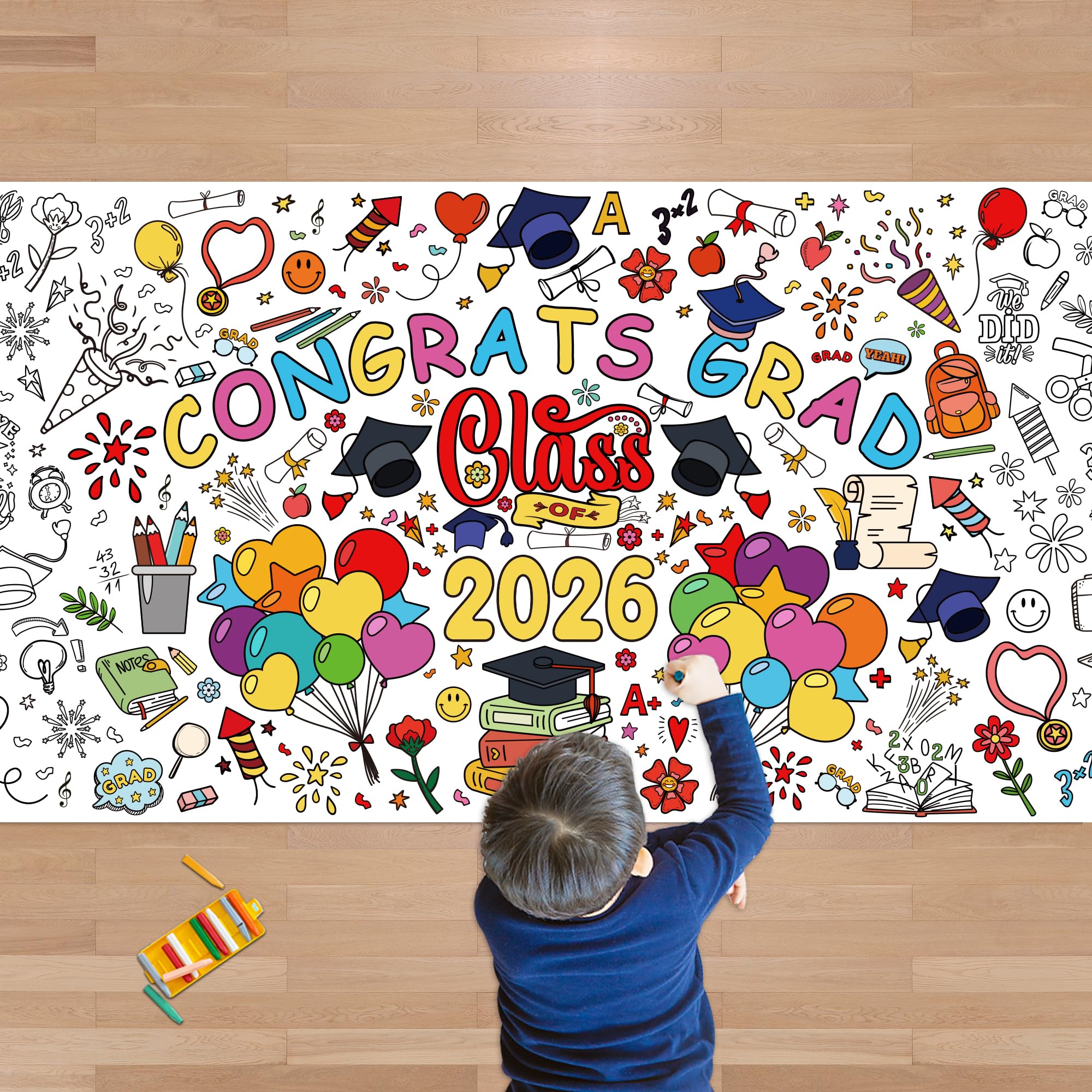OHOME Graduation Giant Coloring Poster/Tablecloth - Kindergarten Graduation Gifts - 30 x 72 Inches Jumbo Coloring Banner Kids Crafts Games,Kindergarten Graduation Decorations for 5th Grade Preschool