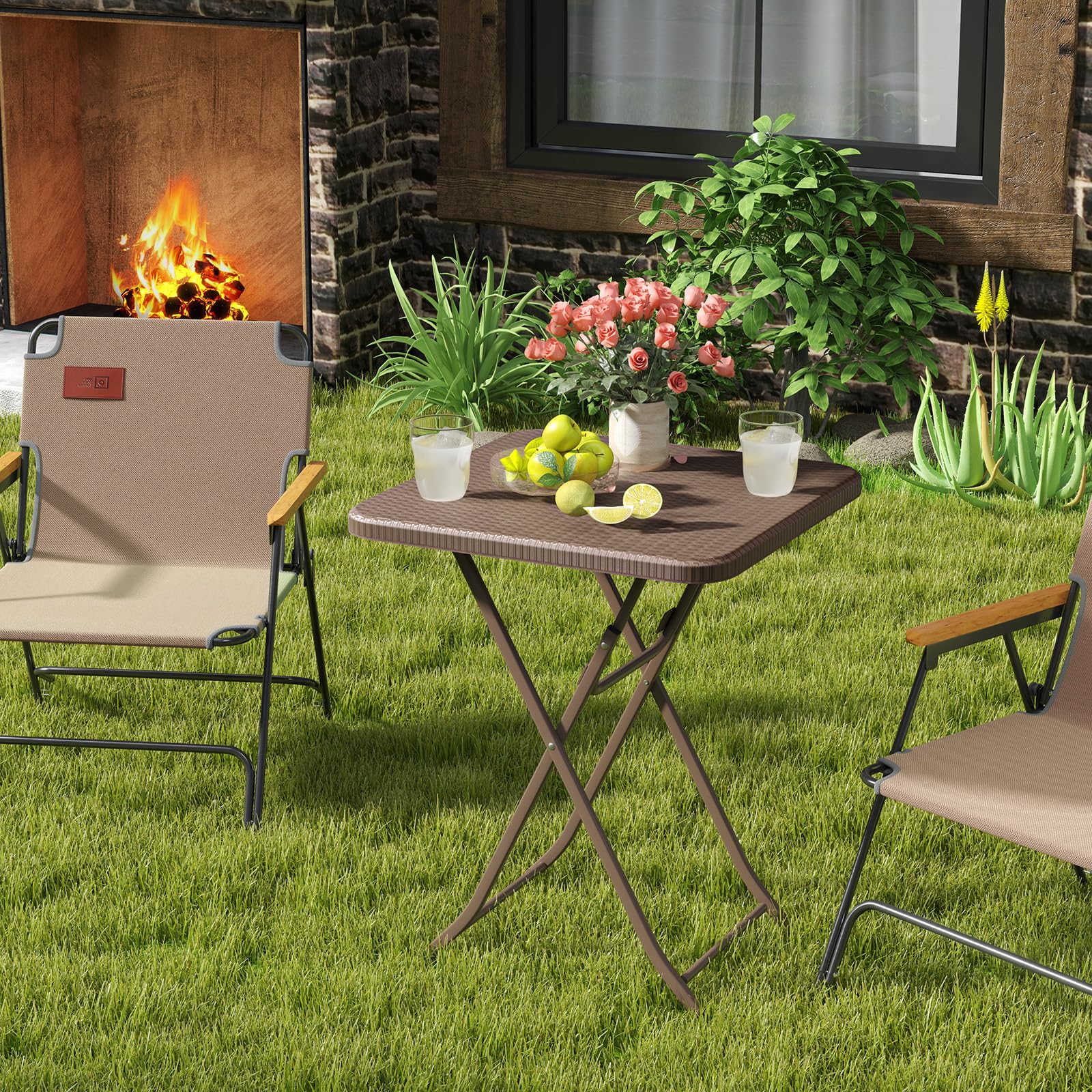 LIFEZEAL Tavolo pieghevole in rattan, tavolino quadrato da 60 cm per esterno con telaio metallico, tavolo portatile da picnic per campeggio