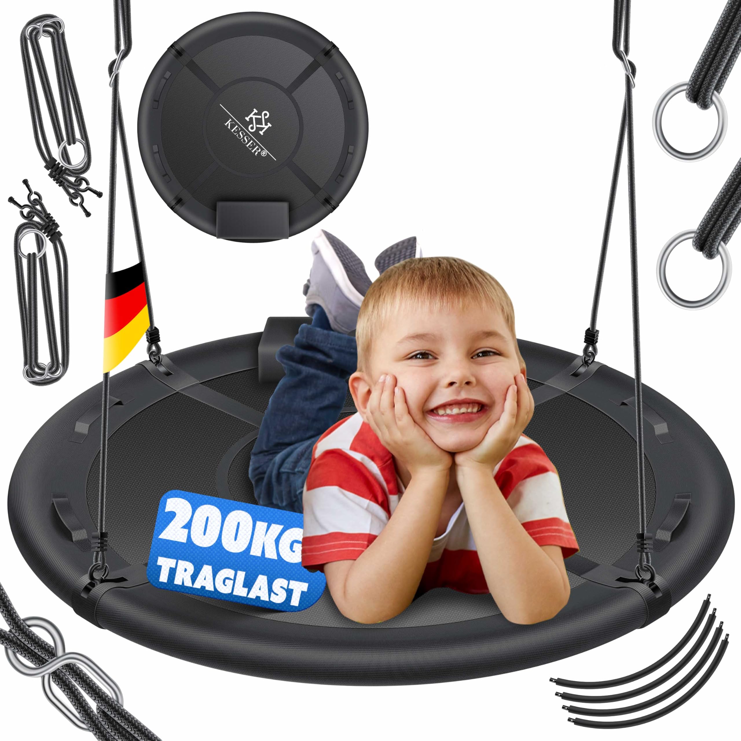 KESSER® Nestschaukel Tellerschaukel Hängeschaukel Rundschaukel Ø 60cm Schaukel bis 200kg belastbar mit Kissen & 4 Griffen verstellbar Kinderschaukel Indoor & Outdoor für Kinder & Erwachsene Anthrazit