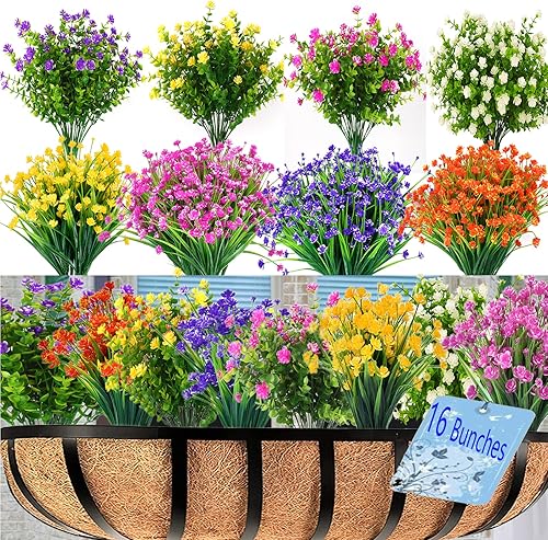 16 paquetes de flores artificiales para exteriores, flores sintéticas resistentes a los rayos UV, decoración de verano, plantas verdes artificiales,