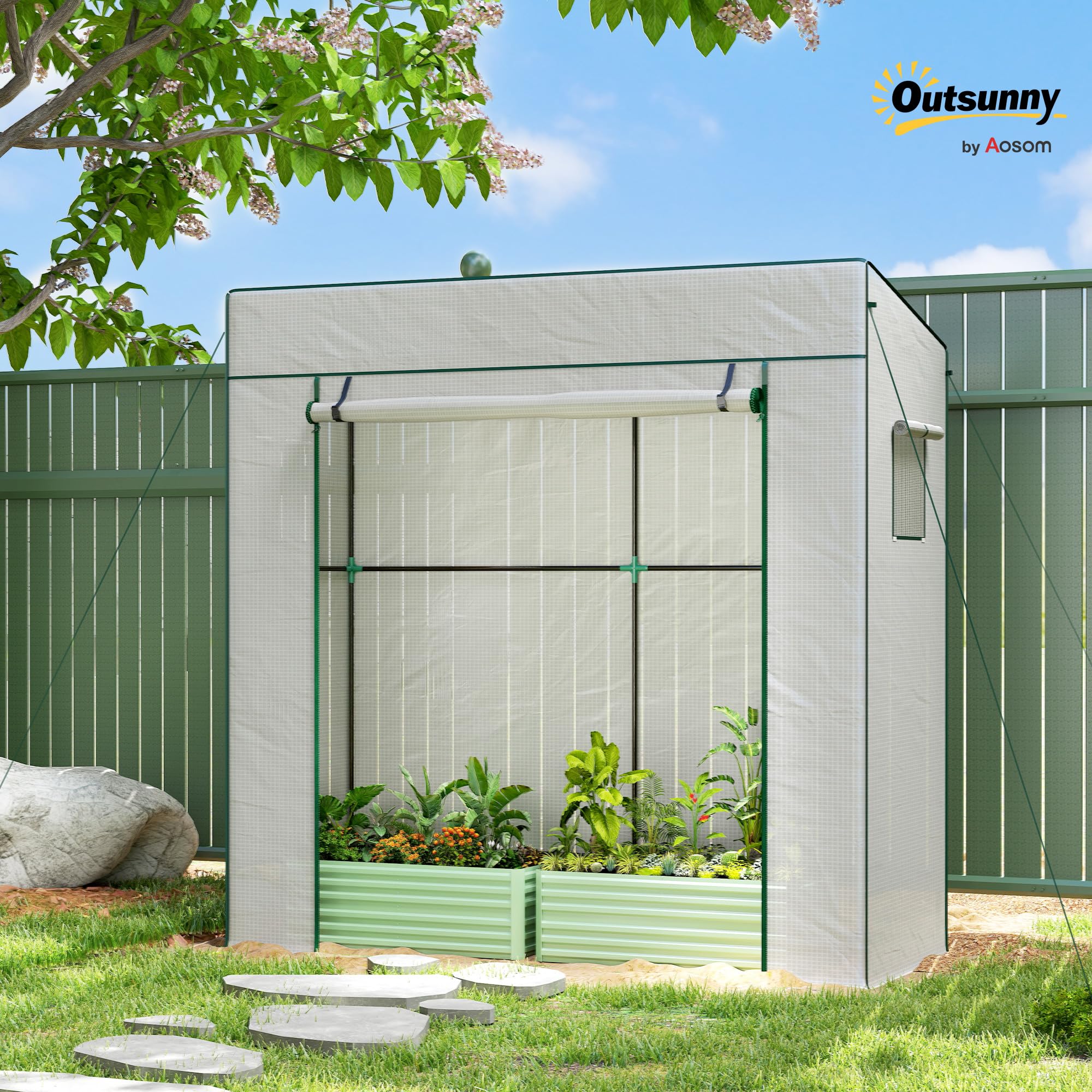 Outsunny Serre de Jardin PE, Serre de Balcon, bâche renforcée 140 g/m², châssis en Acier, Porte zippée Enroulable, 2 fenêtres, pour légumes Plantes Fleurs, intérieur et extérieur, 196x77x197cm, Blanc