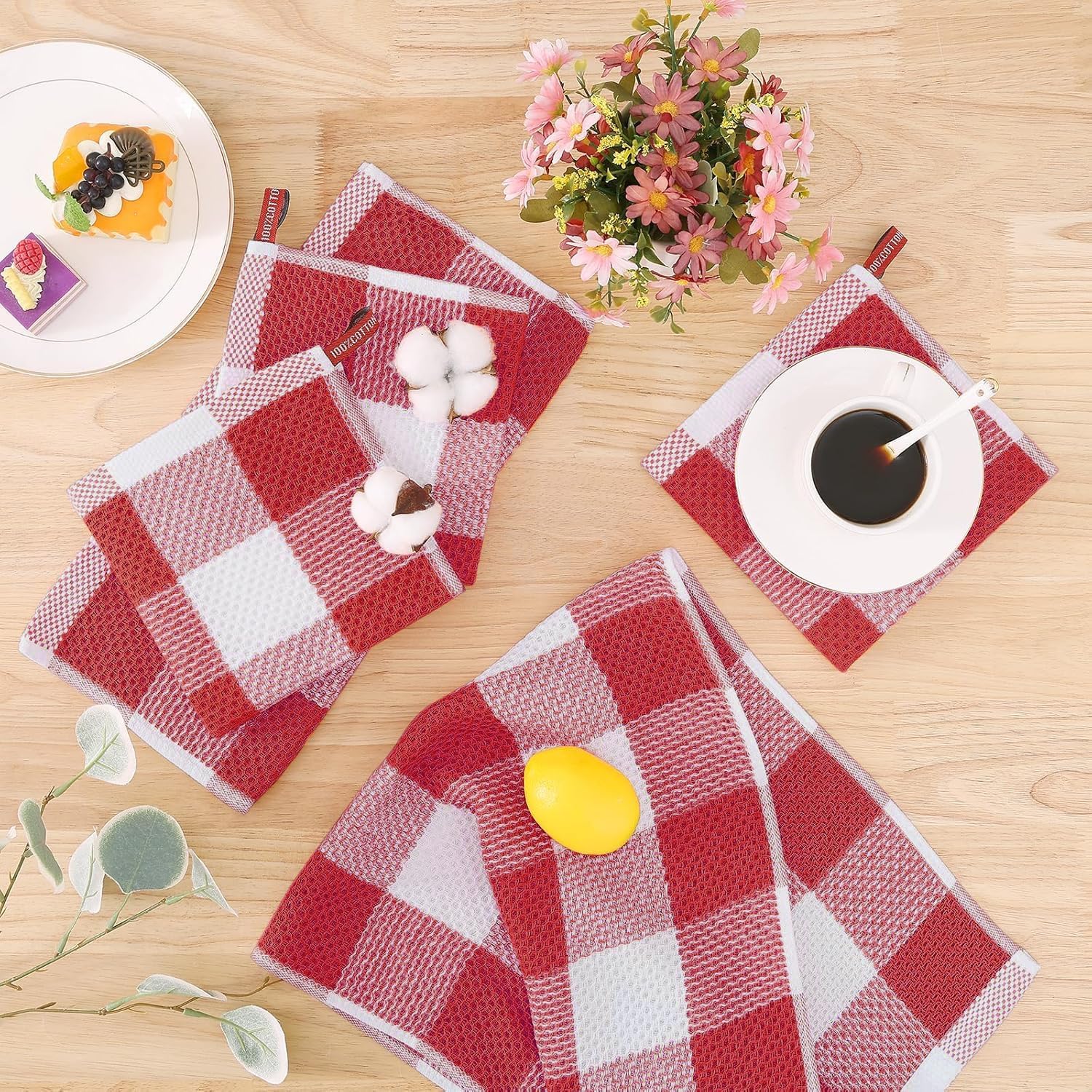Homaxy Lot de 12 torchons de cuisine 100 % coton gaufré, super doux et absorbants, 30,5 x 30,5 x 71,1 cm, blanc et rouge