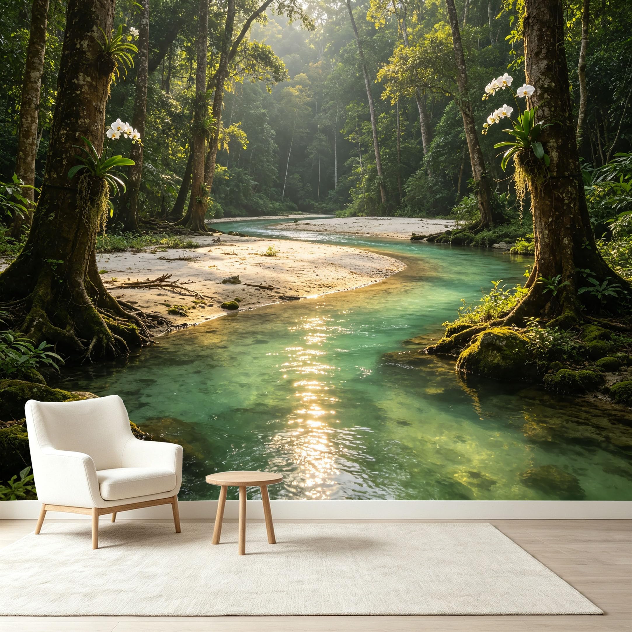 Custom Size Wall Murals Tropical Rainforest Landscape Sunlit River White Orchid Trees Self-Adhesive Wall Fabric Removable Wallpaper Wall Decor for Living Room Bedroom Bathroom