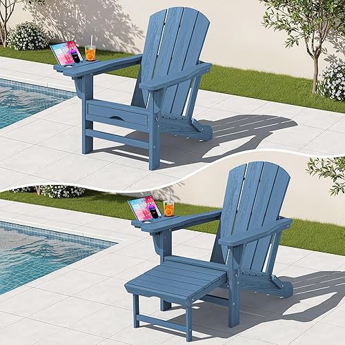 KINGYES Silla Adirondack plegable ajustable con reposapiés y organizador de reposabrazos multifuncional 4 en 1, silla Adirondack plegable de HDPE