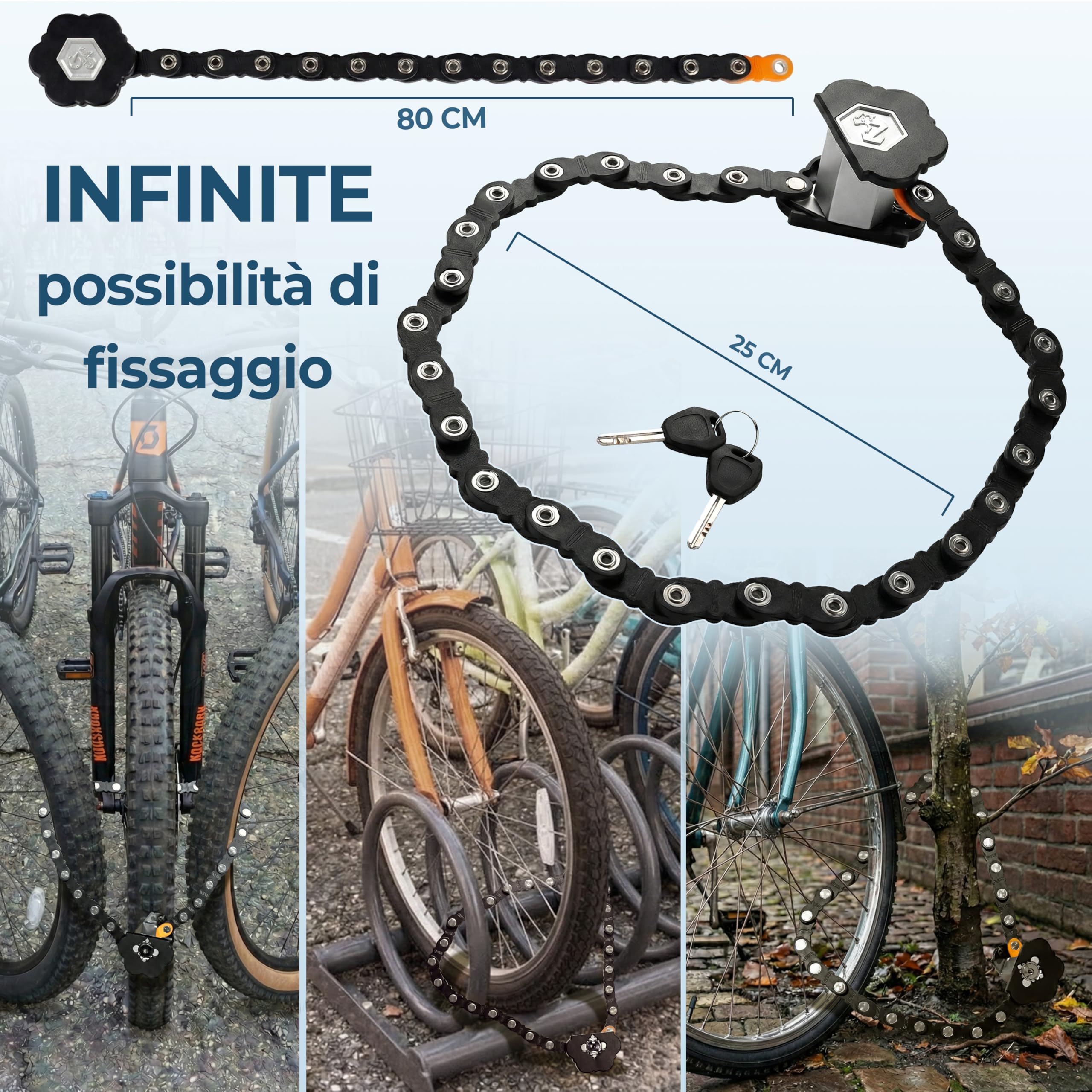 FINIX Lucchetto Anifurto Pieghevole Compatto per Bici - Catena 80cm in Metallo Antitaglio e Antiscasso con Chiave - per Bicicletta. Bici Elettrica e Monopattino Elettrico