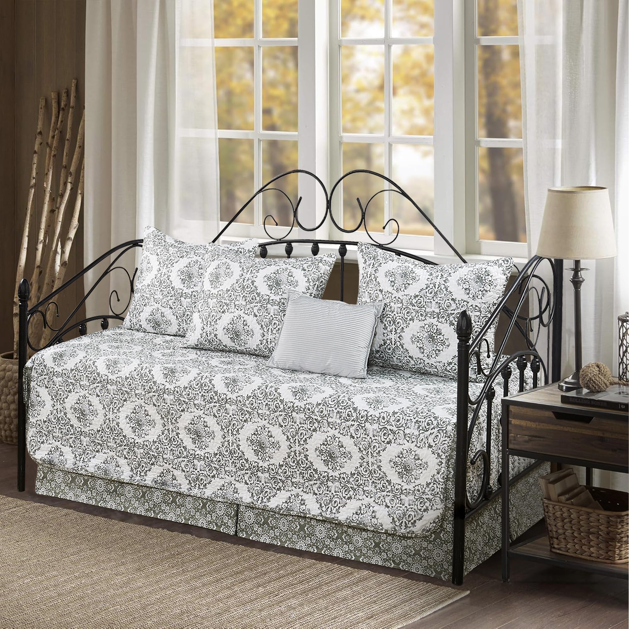 6 Piece Reversible Microfiber Medallion Printed Daybed Cover Set, All Season Luxury Bedding with Bedskirt, Matching Shams, Decorative Pillow, 75"x39", Gray