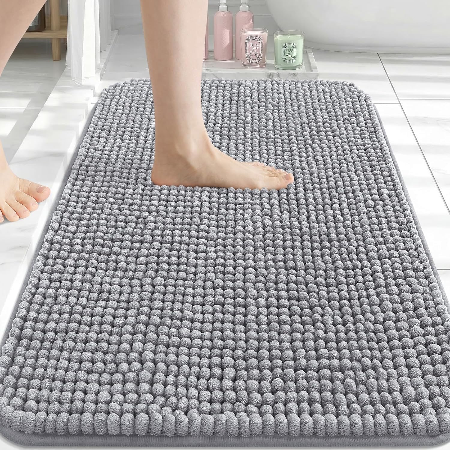 Hafaa Bath Mat Non Slip Anti Mould – Light Grey Chenille Bathroom Mat 40 x 60 cm Machine Washable Bath mats Super Absorbent Extra Soft Fluffy Shower mat