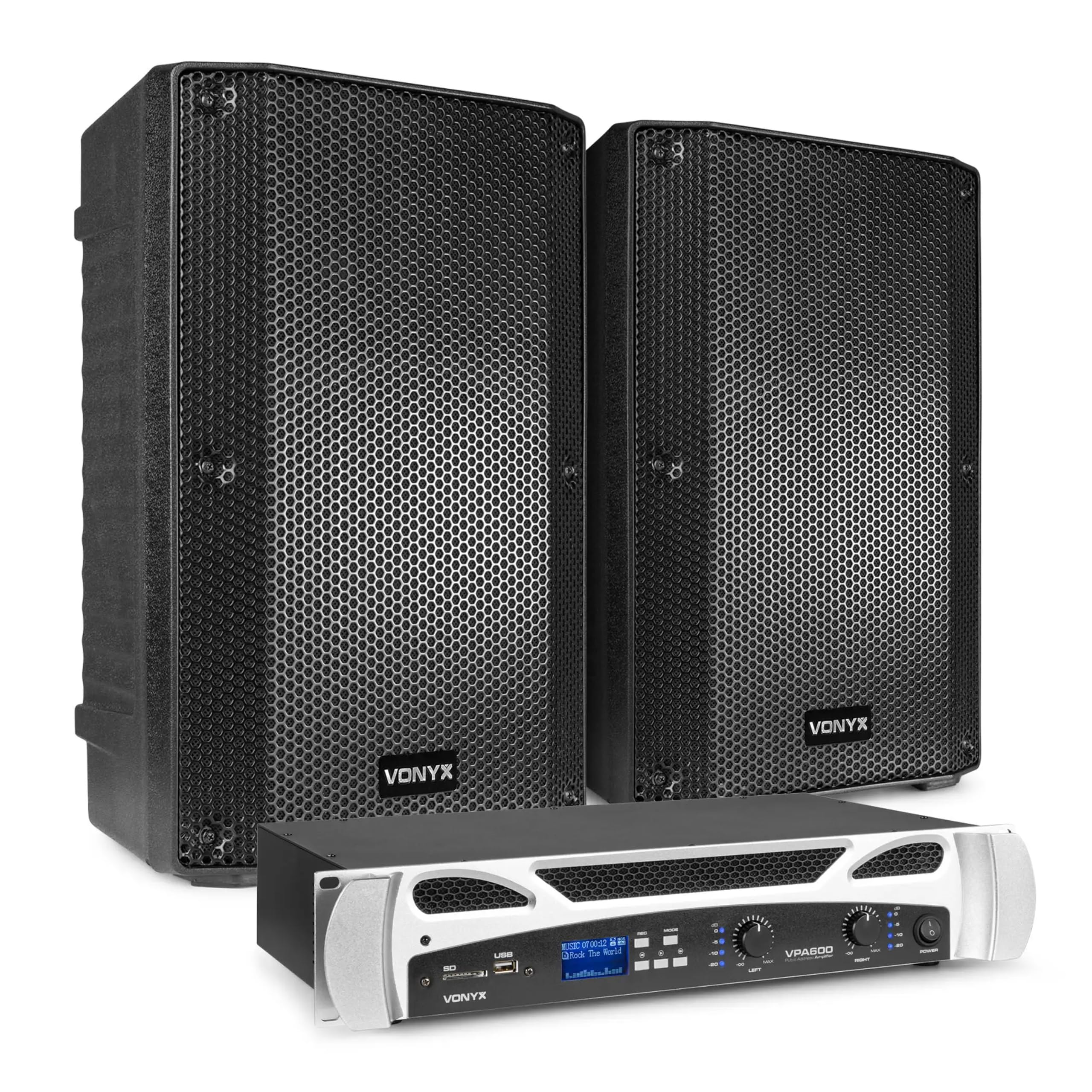 Vonyx VSA10P Pack PA Pasivo - 2 Altavoces 10 Pulgadas, Amplificador VPA600 Bluetooth 2x300W, 2 Cables Speakon NL2 5 m, Equipo Sonido para DJ, Eventos y sonorización Profesional