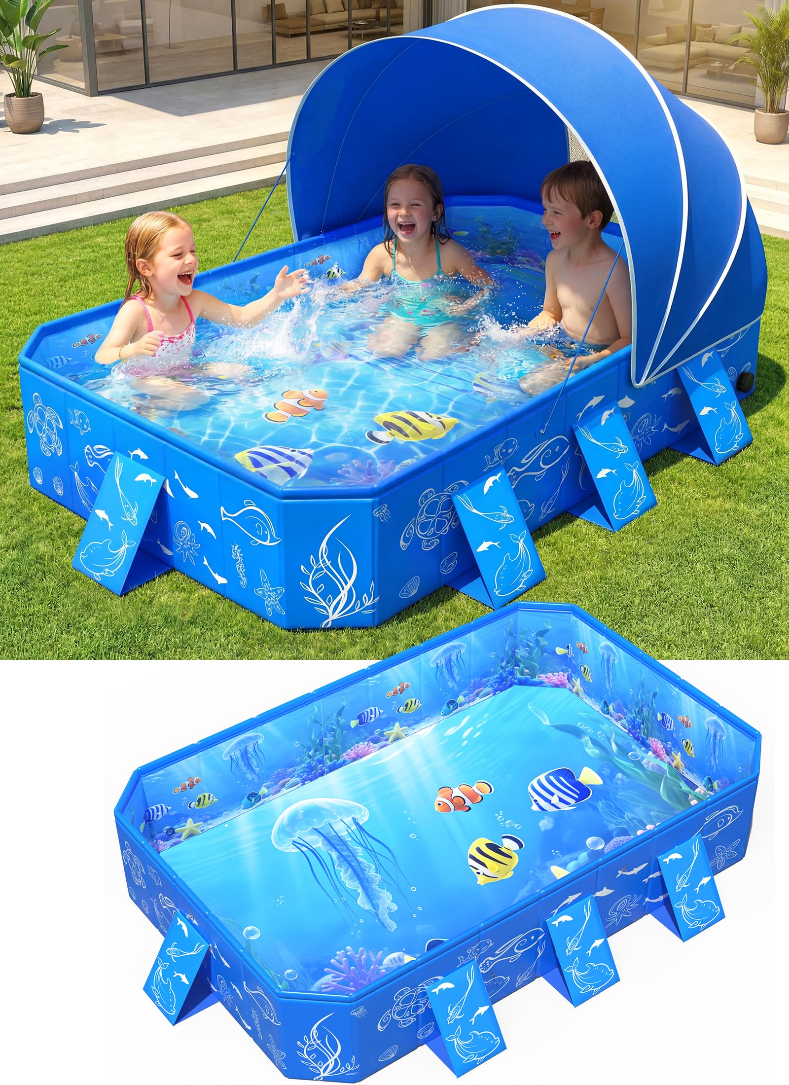 Lanblu 2026 Foldable Kiddie Pool with Canopy,Baby Swimming Pool for Toddler,Non-Inflatable Toddler Pool,Foldable Kiddie Pool with Shade,Kid Pool for Backyard,Pop up Kiddie Beach Pool 53''*40''*33''