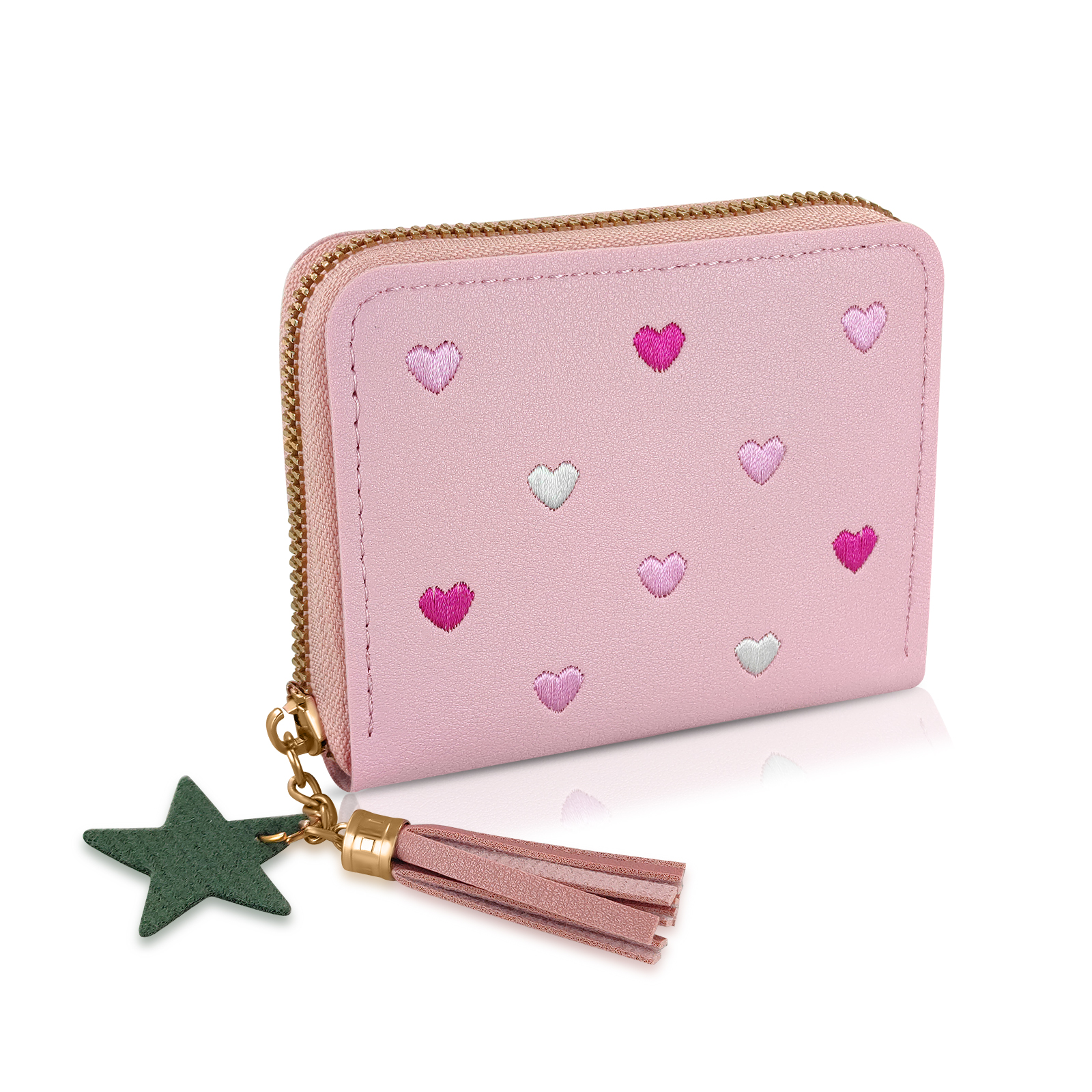 Women's PU Leather Wallet – Credit Card Holder With Heart Embroidery & Zipper, Star Pendant - View #5