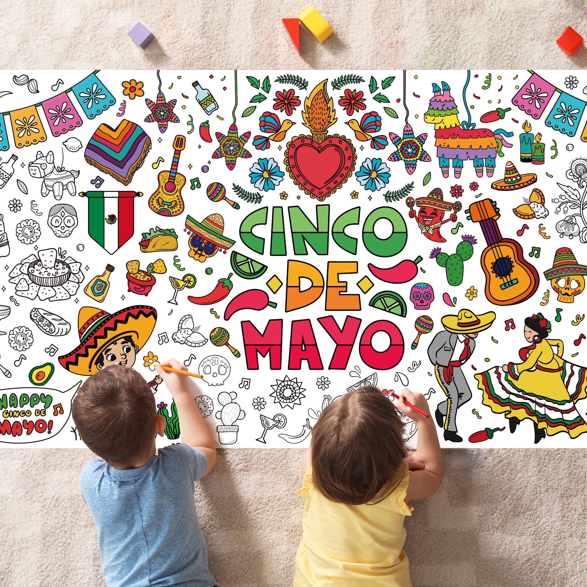 OHOME Cinco De Mayo Giant Coloring Poster/Tablecloth - 30 x 72 Inches Jumbo Coloring Banner Kids Crafts Games Accessories Gifts Decor - Fiesta Mexican Party Decorations