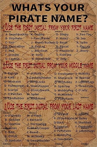 EMOHAT Cartel de metal con texto en inglés "What is your pirate name" (What is your pirate name), cartel de metal para habitación, porche, cocina,