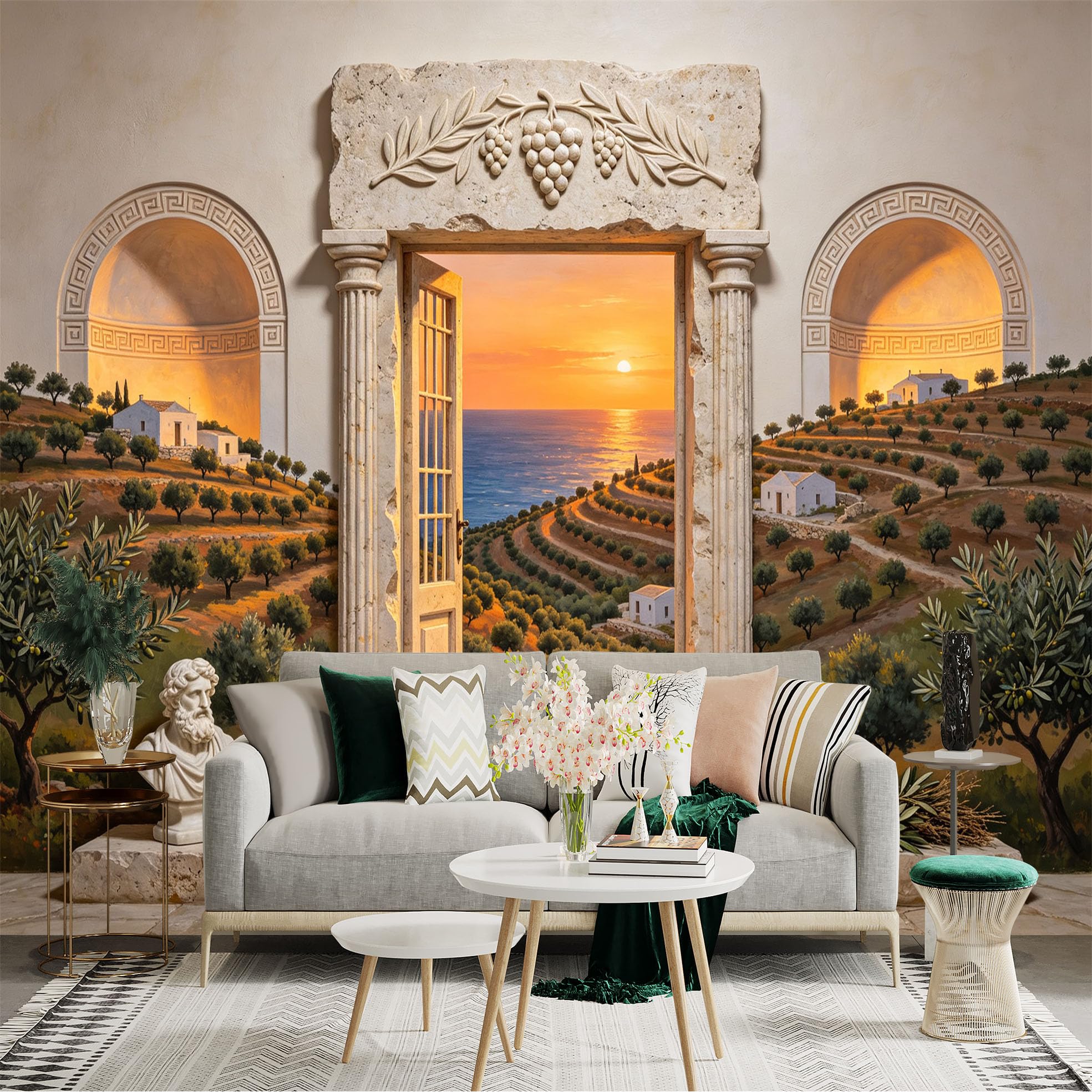 Custom Size Wall Sticker Mural， Mediterranean Sunset Coastal Landscape， Olive Grove and Stone Archway， for wall Decoration， peelandstick wall Decals.
